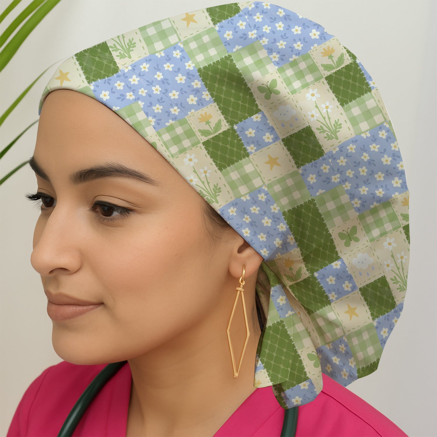 Green Patchwork Clover Floral Pattern Scrub Cap, Breathable Fabrics Caps Uniform