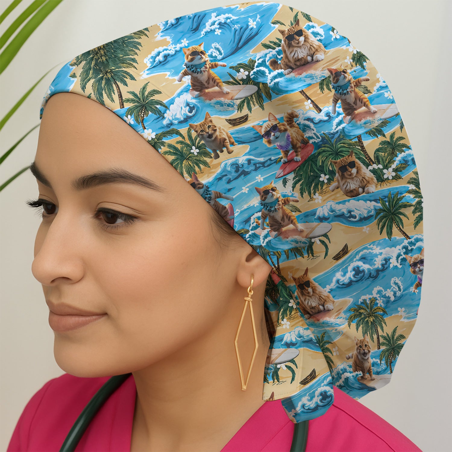 Tropical Surfing Cat with Beach Wave Island Print Scrub Cap, Surgical Caps for Doctors