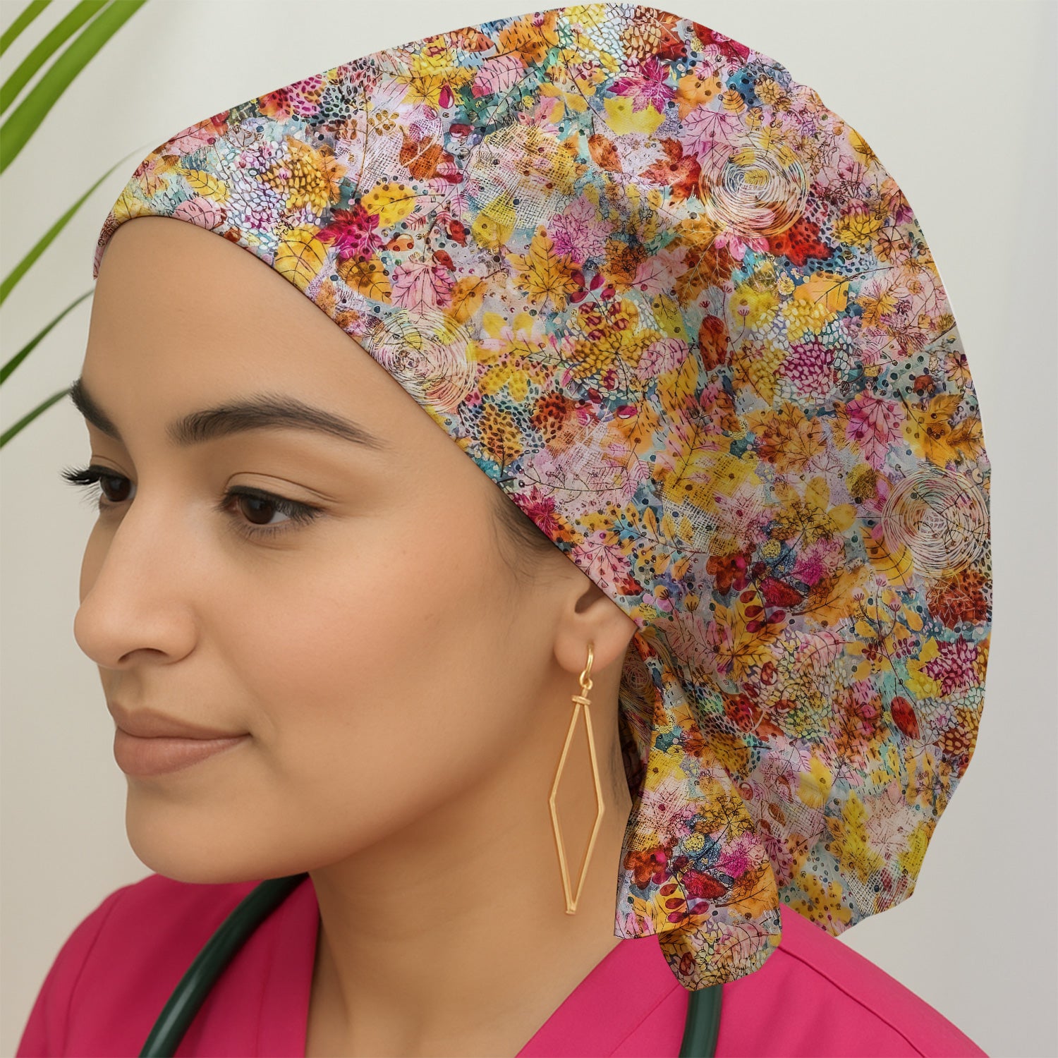 Autumn Floral Leaves Pattern Print Cap, Bouffant Scrub Caps for Women