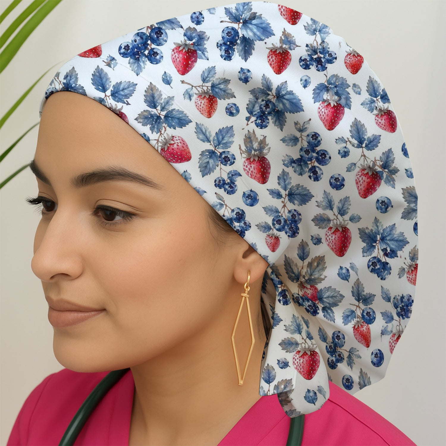 Cute Strawberry & Blueberry Leaf Pattern Nurse Scrub Cap, Surgical Caps for Doctors