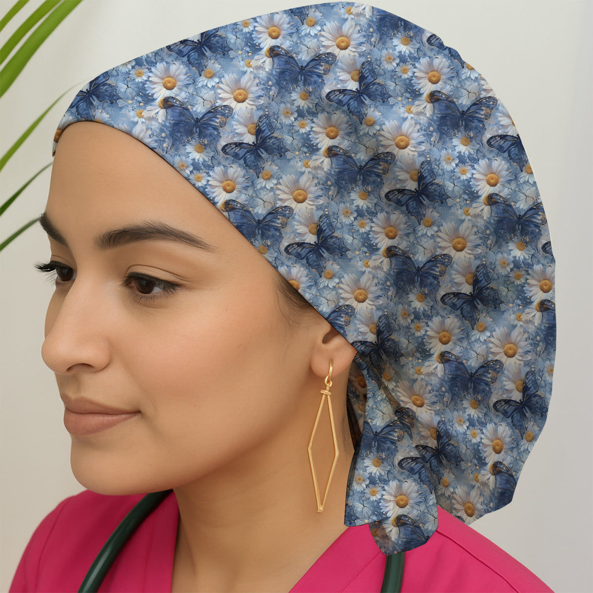 Blue Daisy Butterfly Print Scrub Cap, Surgical Caps for Doctors