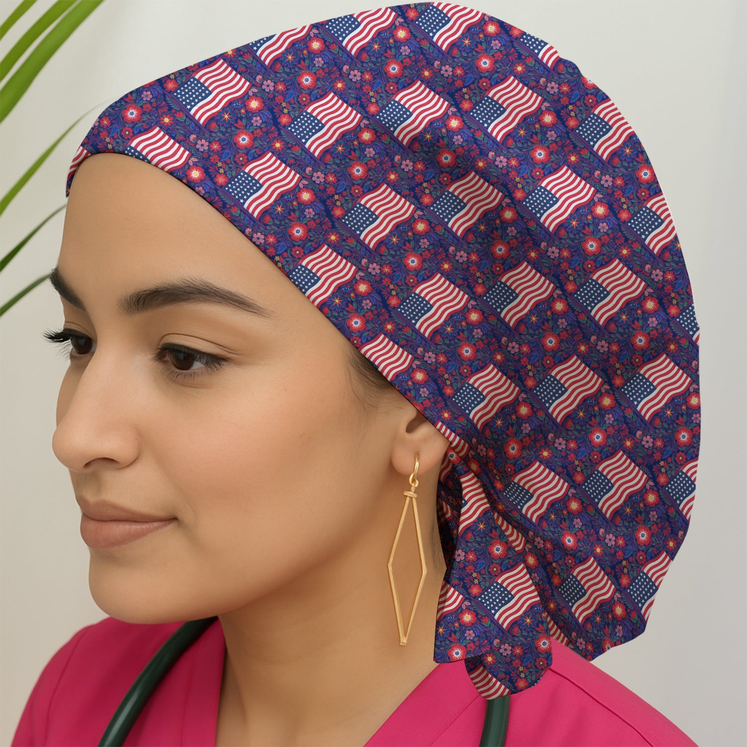 Patriotic USA Flag With Floral Fireworks Pattern Scrub Cap, Surgical Caps for Doctors