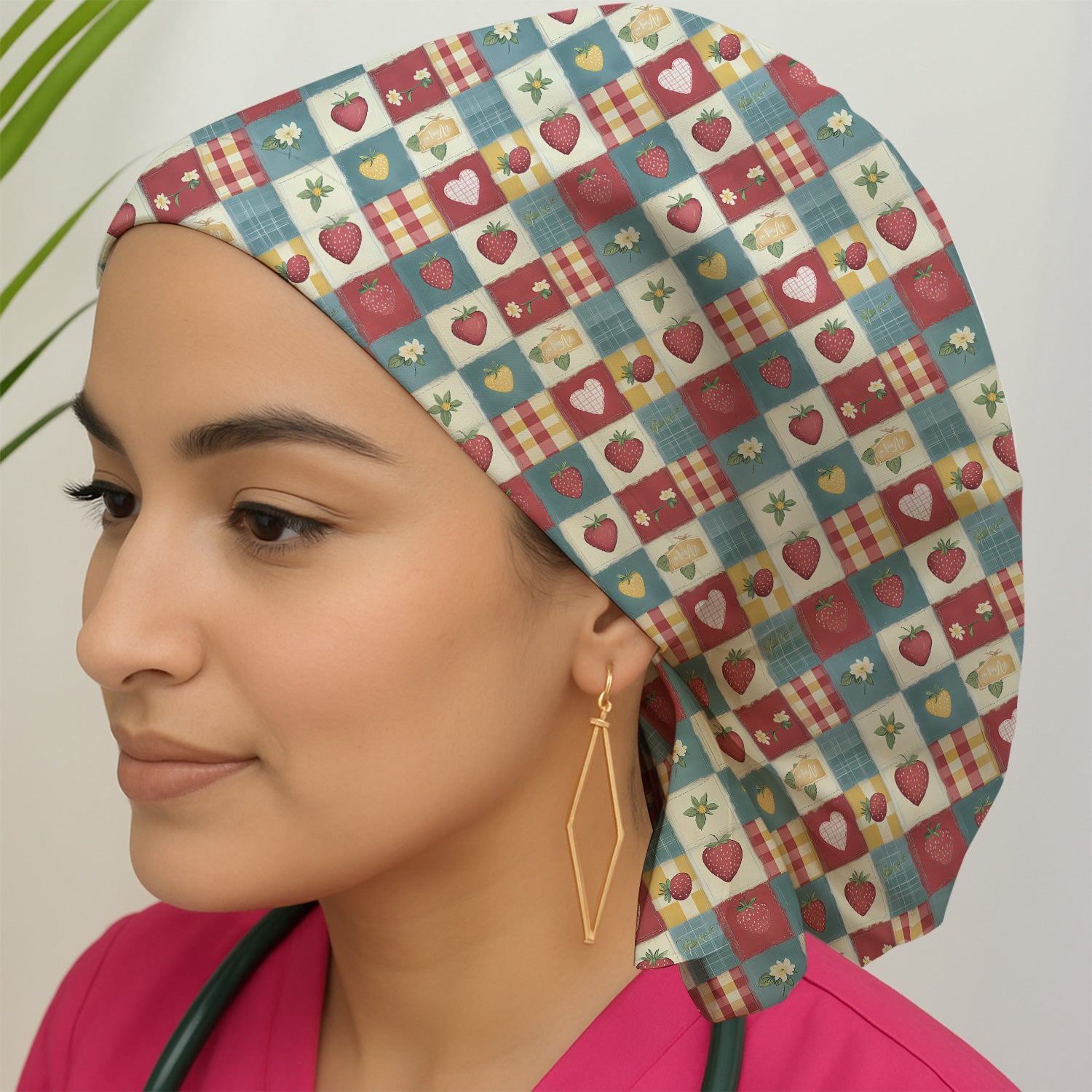Cute Strawberry Floral Patchwork Pattern Caps, Bouffant Scrub Caps for Women