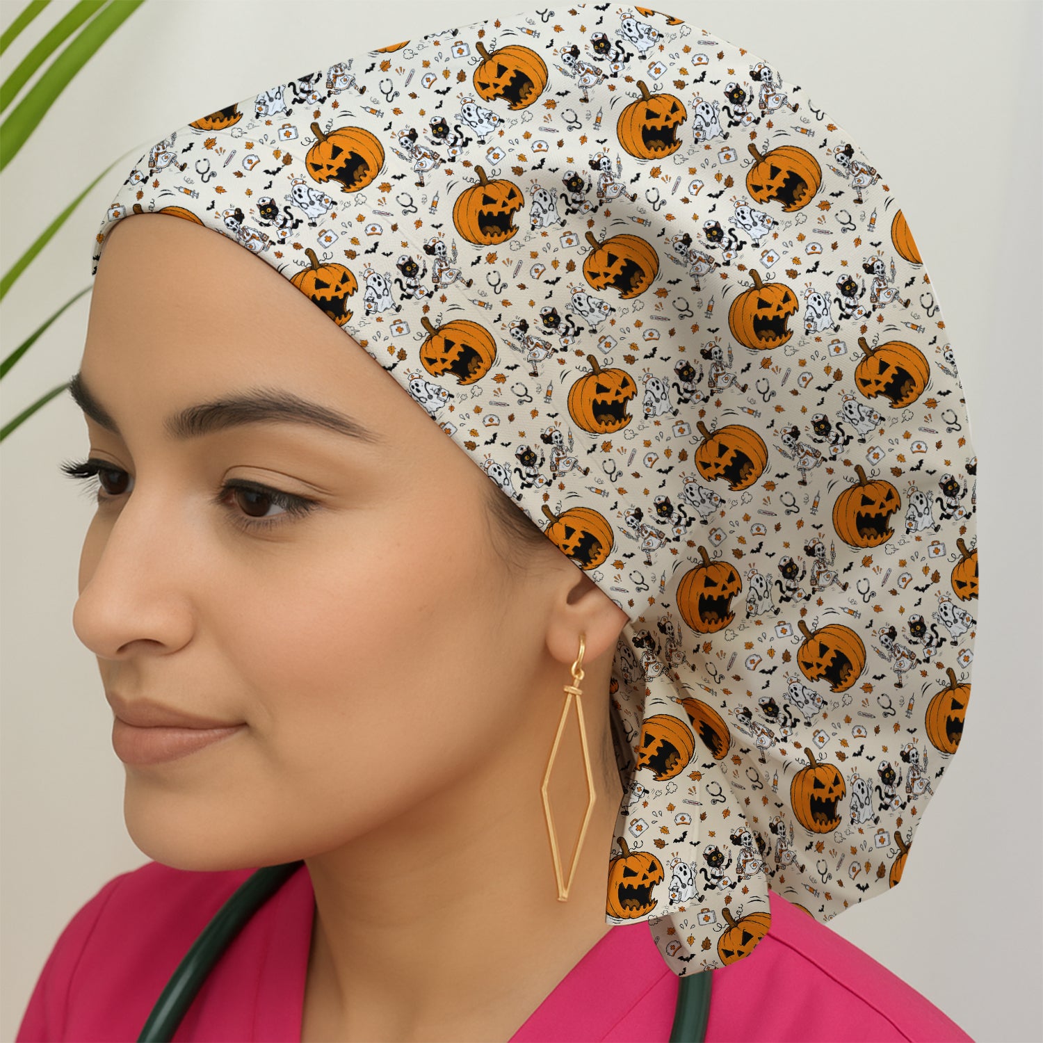 Funny Halloween Pumpkin Chasing Nurses Scrub Cap, Surgical Caps for Doctors