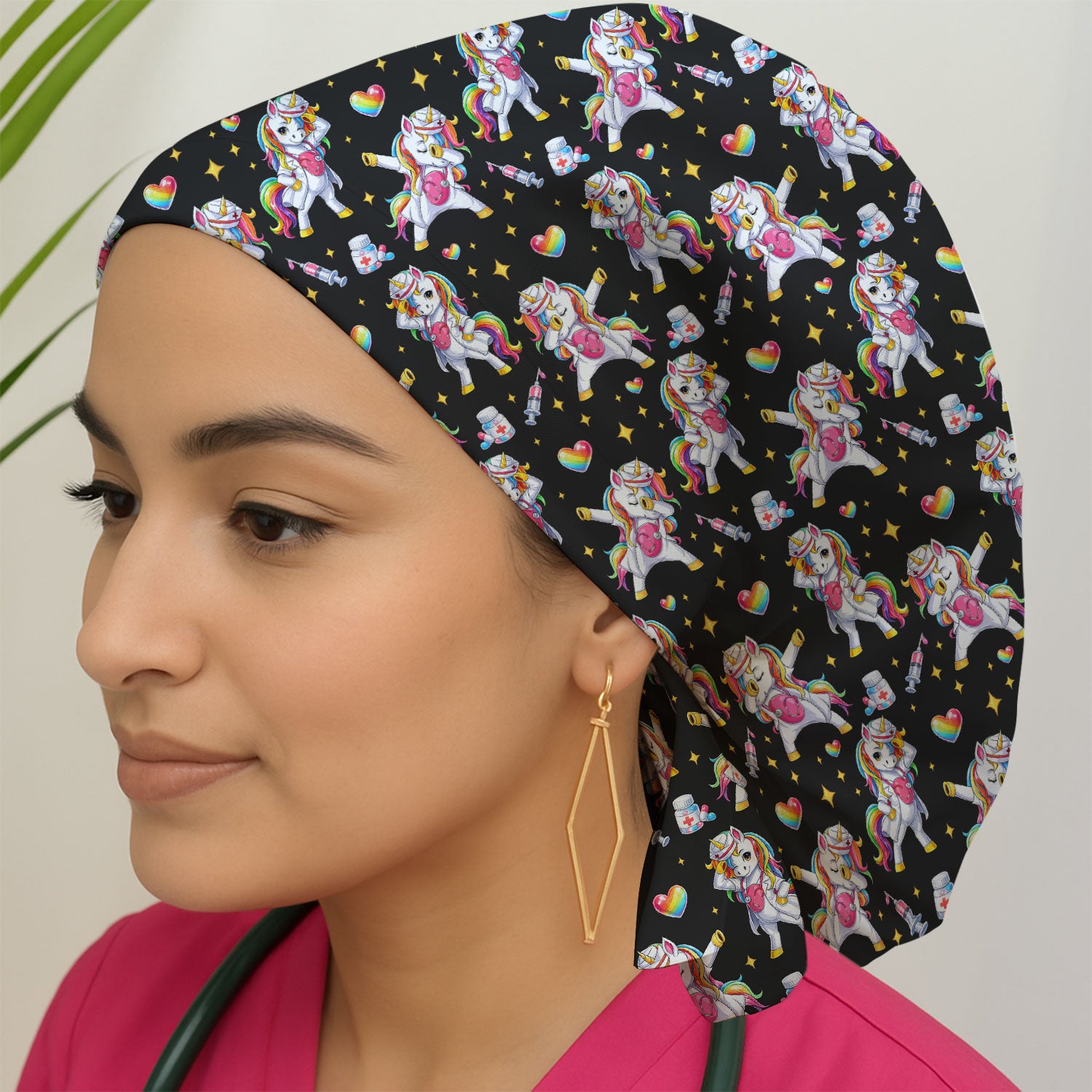 Playful Nurse Unicorn Rainbow Pattern Cap, Bouffant Scrub Caps for Women