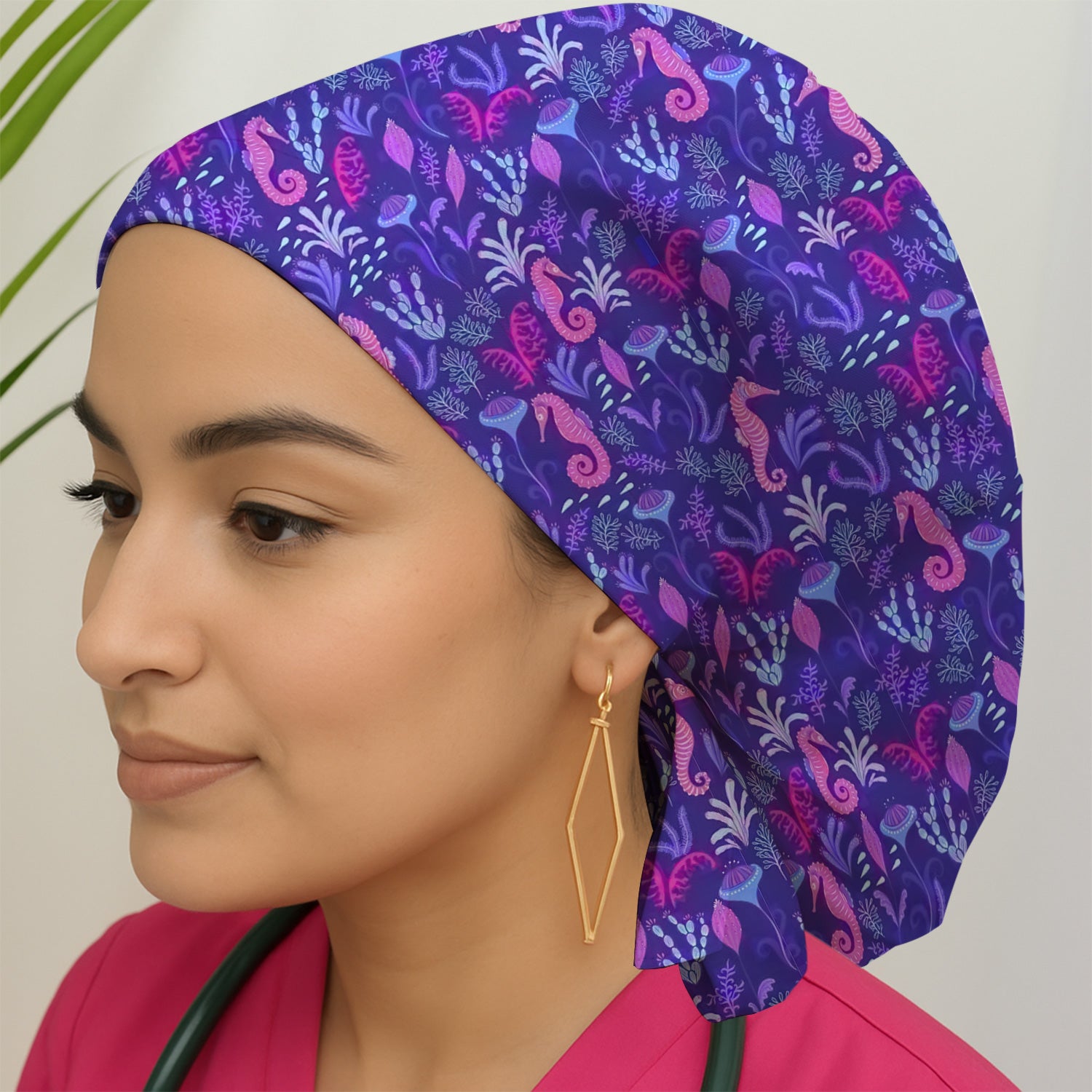 Purple Seahorse Ocean Pattern Scrub Cap, Surgical Caps for Doctors