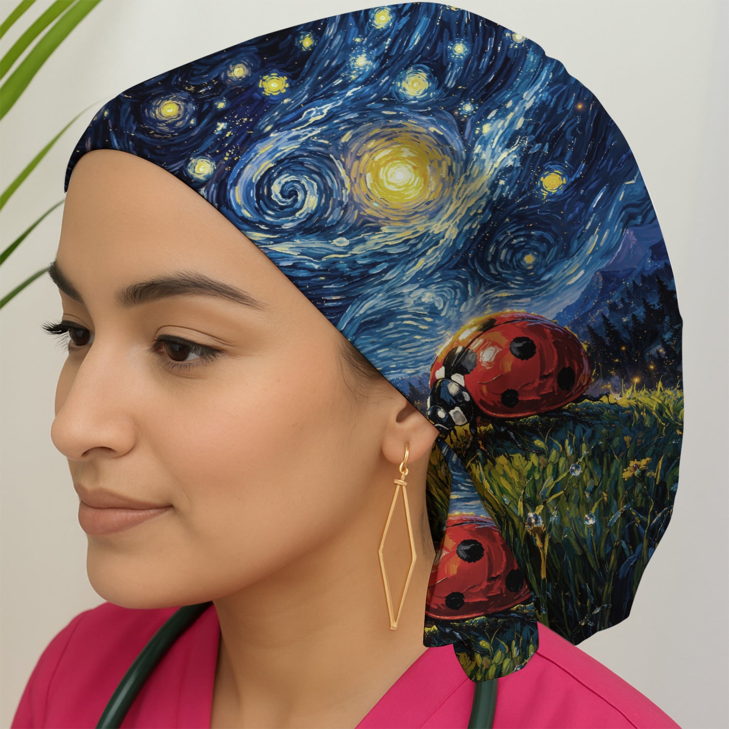 Swirl Night Sky Ladybug Landscape Art Print Scrub Cap, Bouffant Scrub Caps for Women