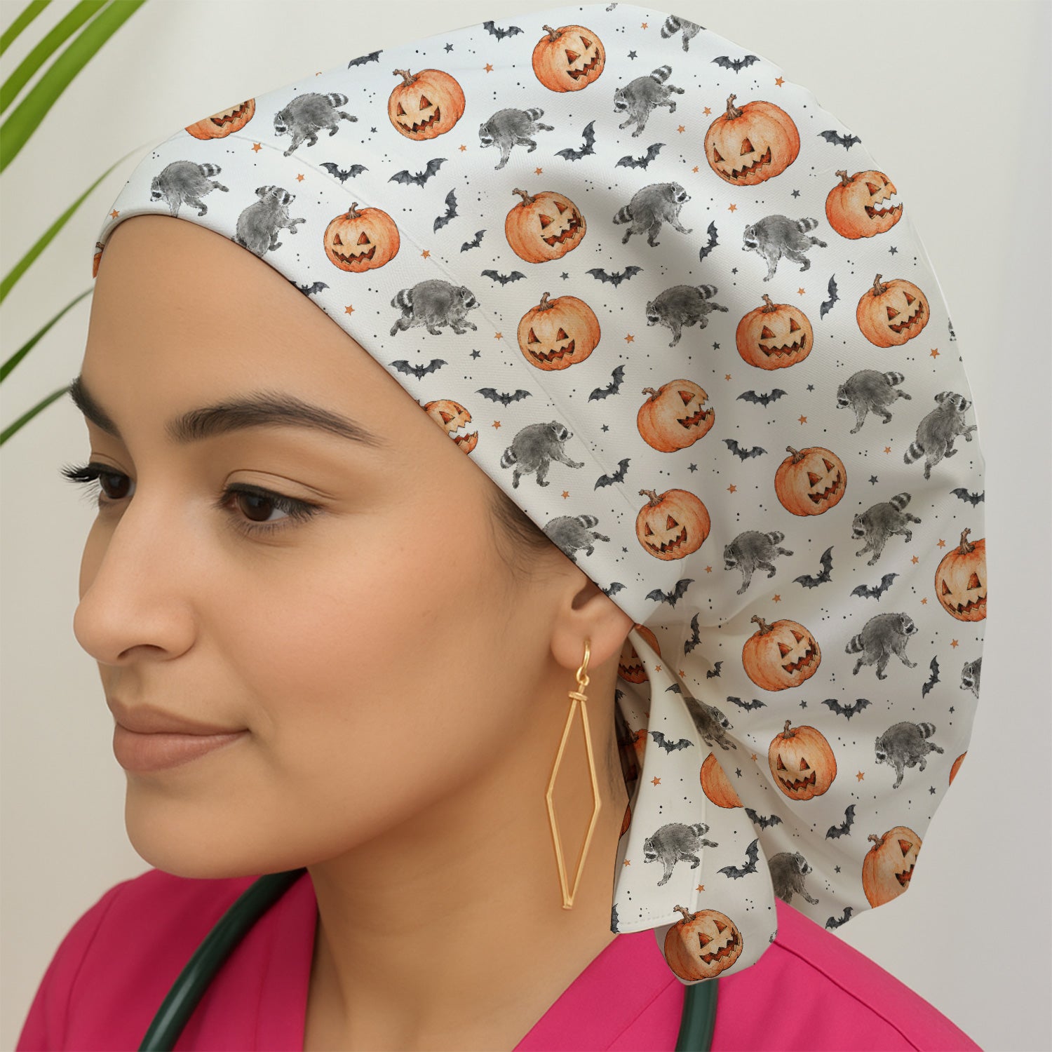 Spooky Halloween Raccoon And Pumpkin Scrub Cap, Surgical Caps for Doctors