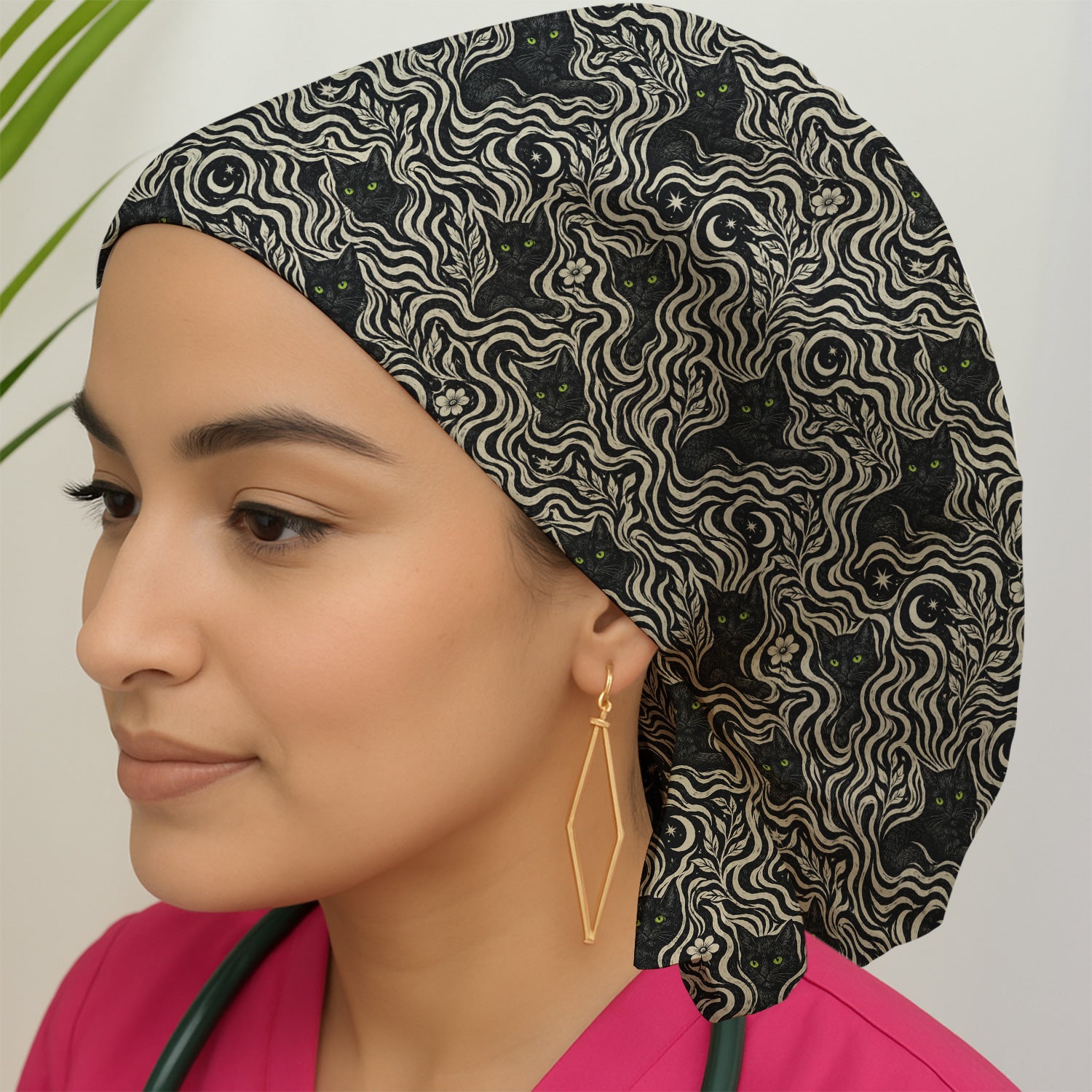 Mystical Black Cat Moonlit Pattern Scrub Cap, Surgical Caps for Doctors