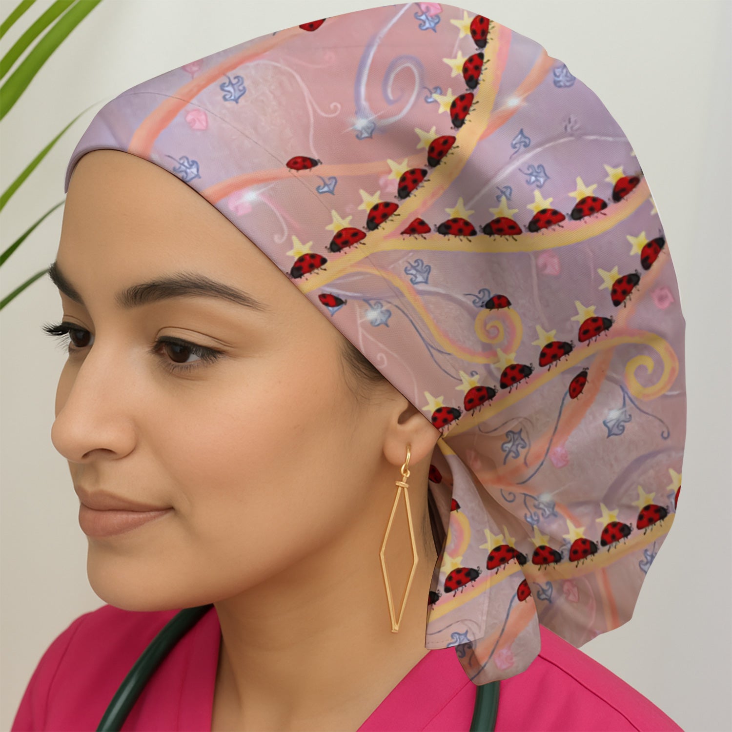 Cute Ladybug Star Vine Swirl Pattern Nurse Scrub Cap, Surgical Caps for Doctors
