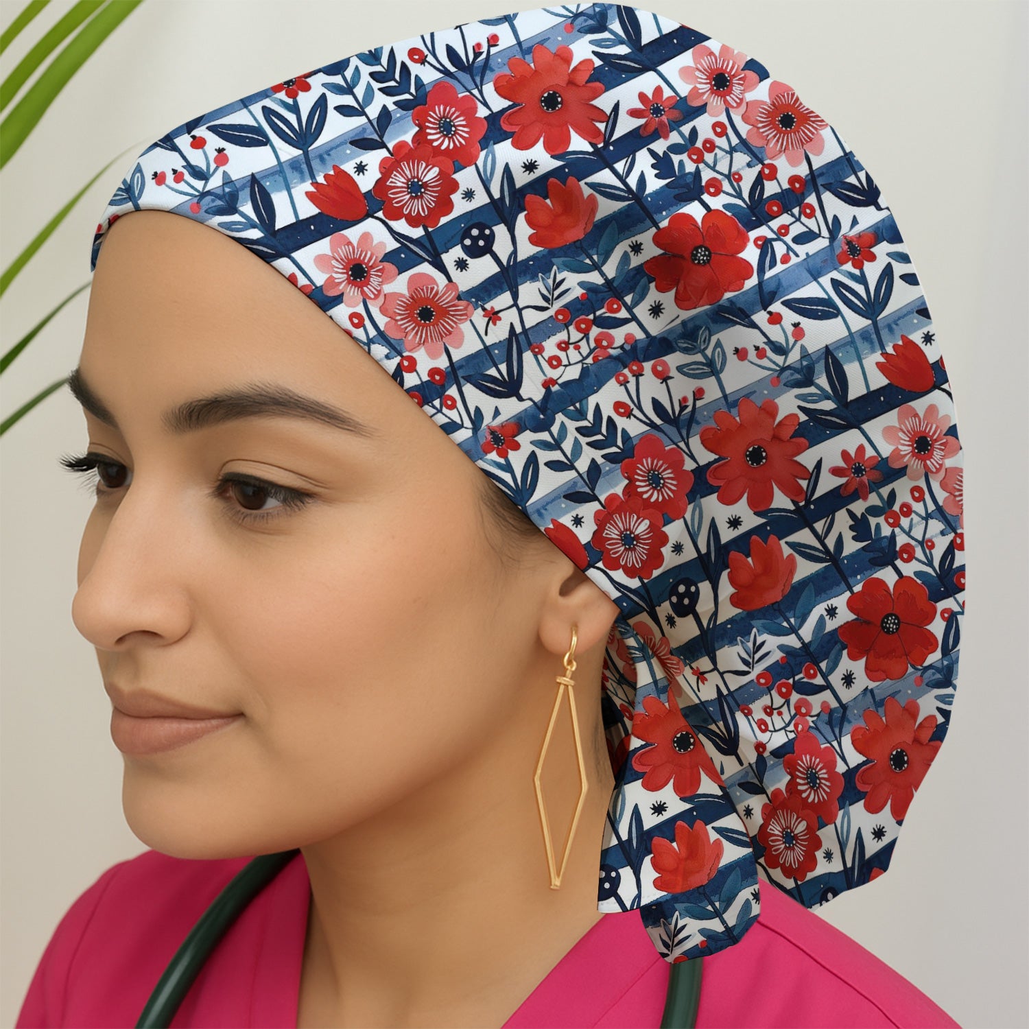 Red Poppy Navy Stripe Pattern Scrub Cap, Surgical Caps for Doctors