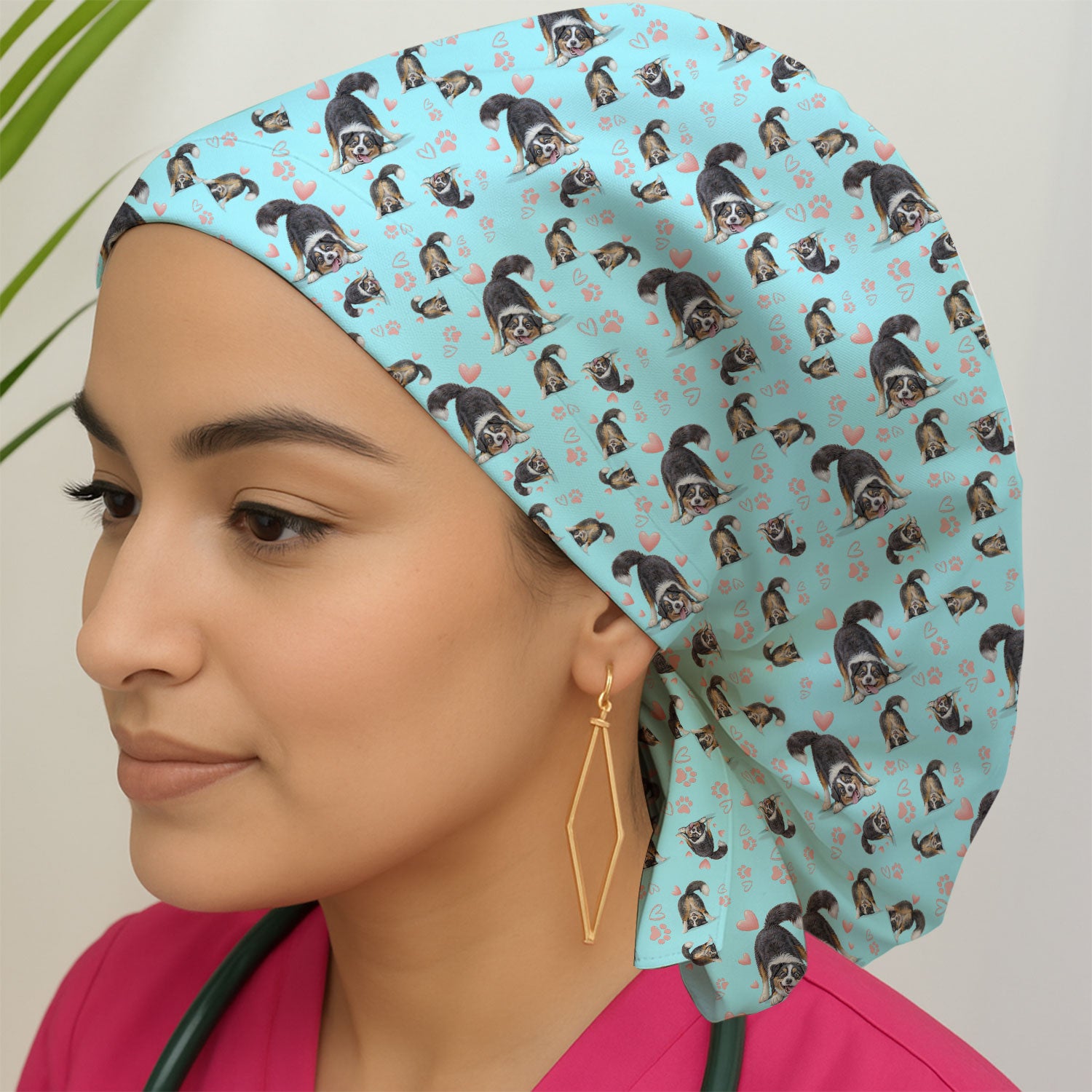 Playful Dog Heart Medical Print Cap, Bouffant Scrub Caps for Women