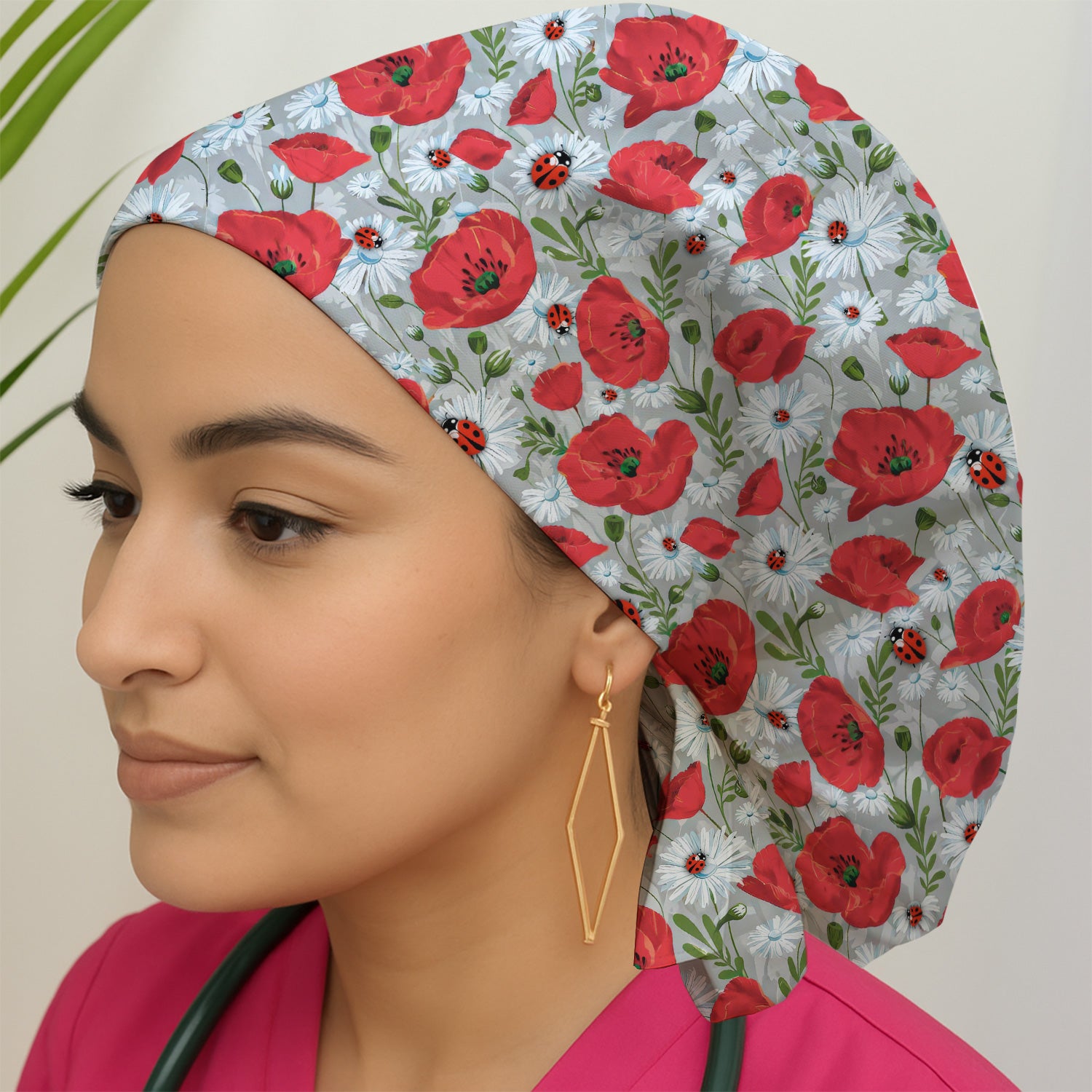 Cute Red Poppy Daisy Ladybug Floral Print Nurse Scrub Cap, Surgical Caps for Doctors