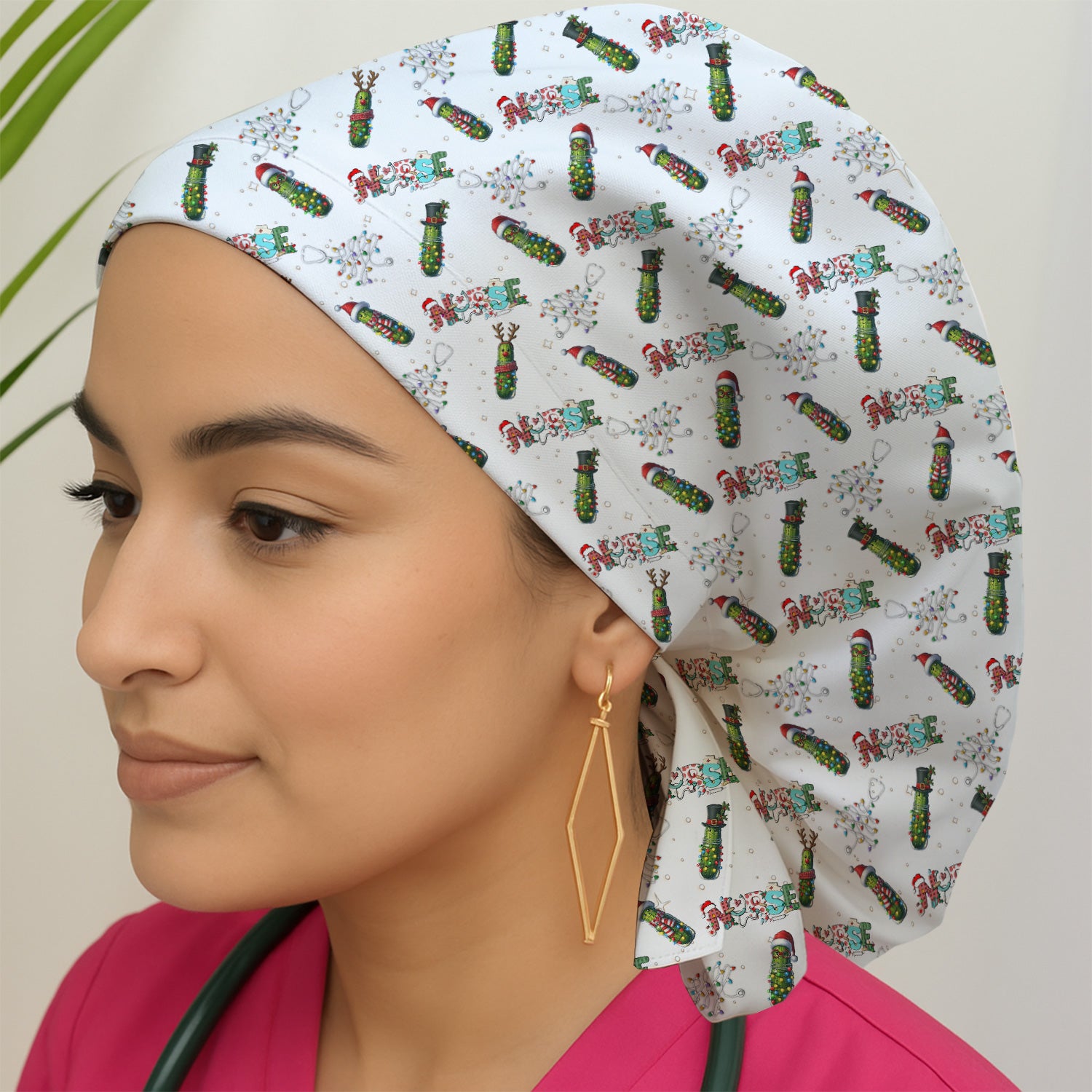 Christmas Nurse Scrub Cap with Buttons - Funny Pickle Holiday Surgical Hat for Women - Medical Bouffant Cap Long Hair