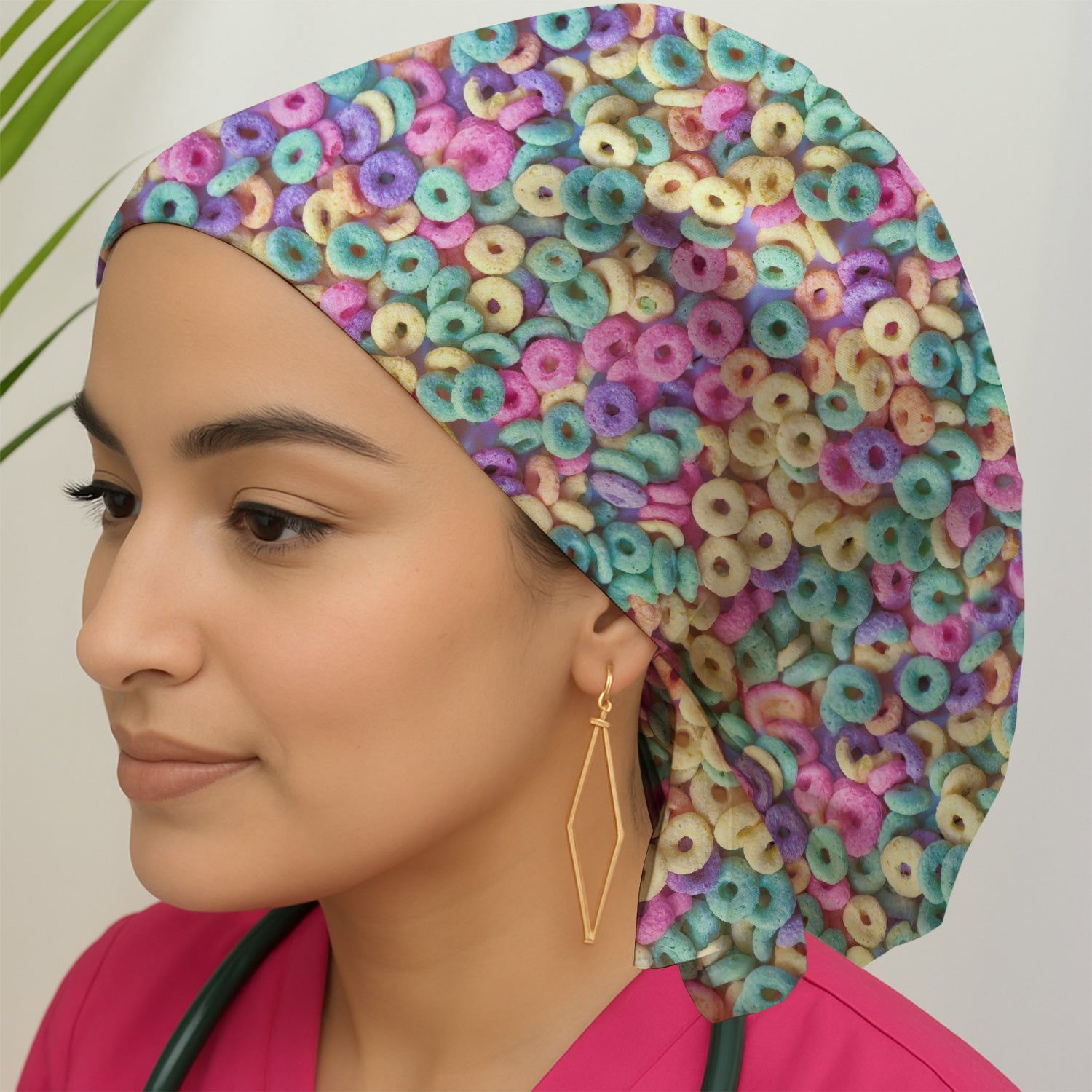 Colorful Cereal Loops Pattern Print Cap, Bouffant Scrub Caps for Women