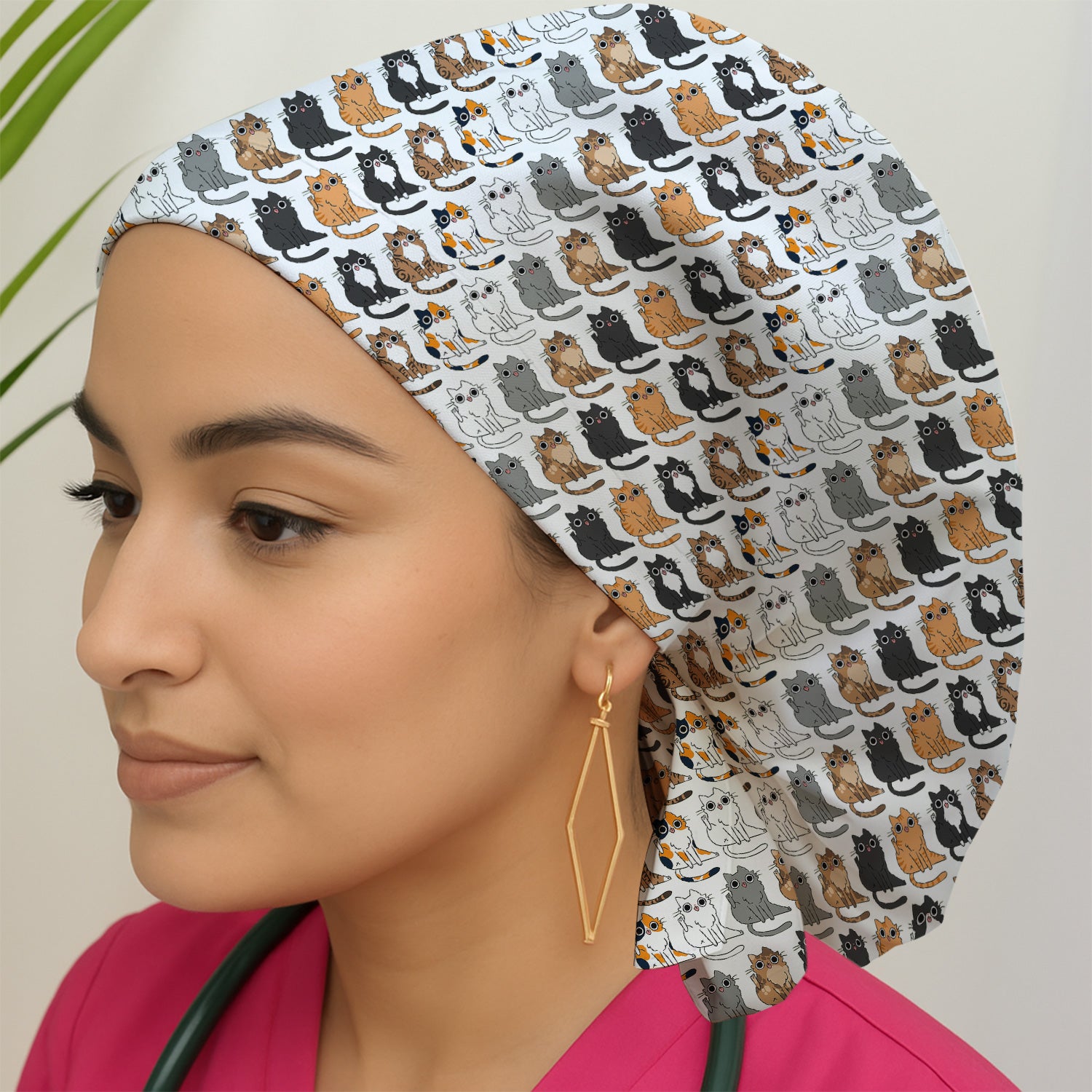 Cute Cartoon Cat Pattern Scrub Cap, Bouffant Scrub Caps for Women