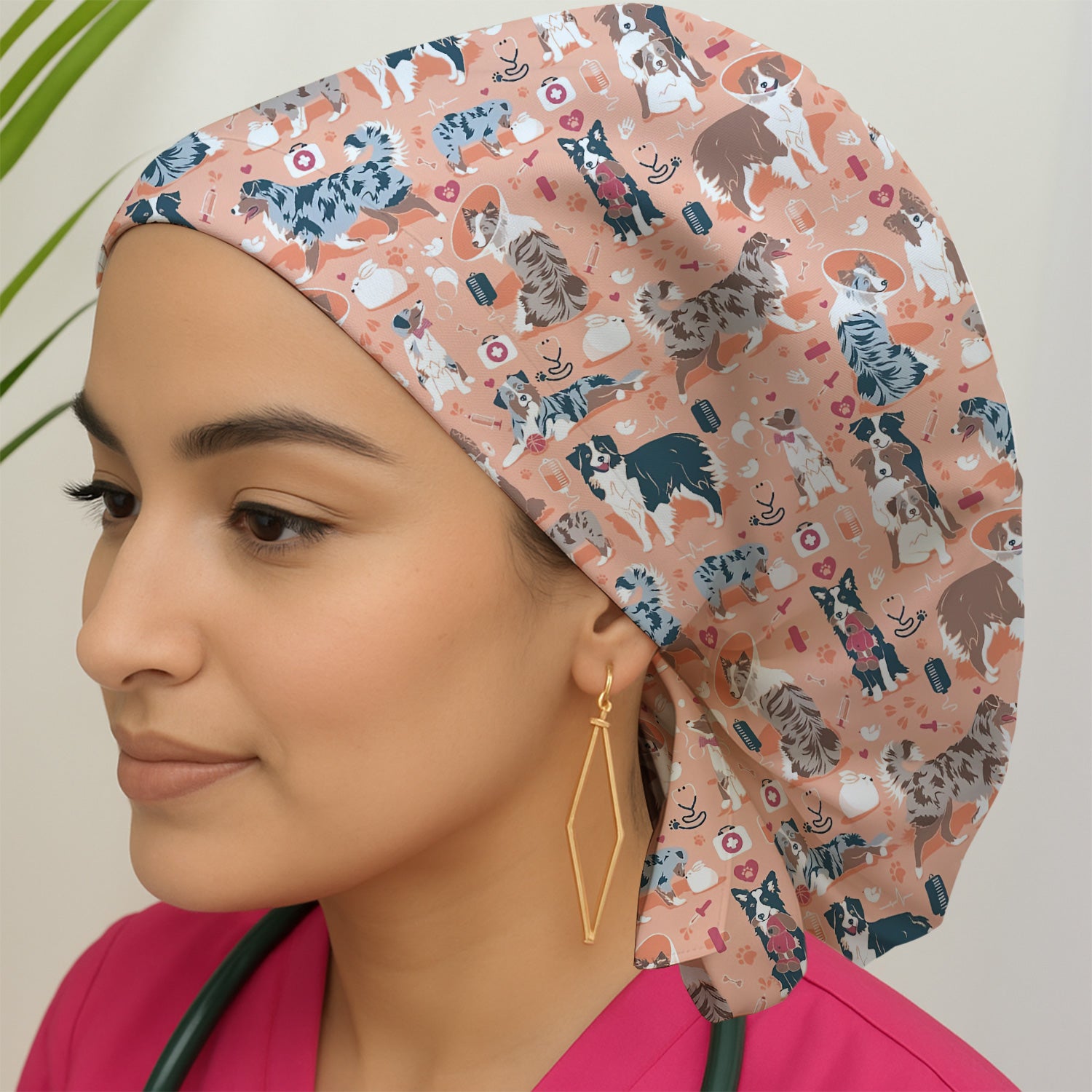 Cute Dog Pattern Veterinary Scrub Cap, Bouffant Scrub Caps for Women