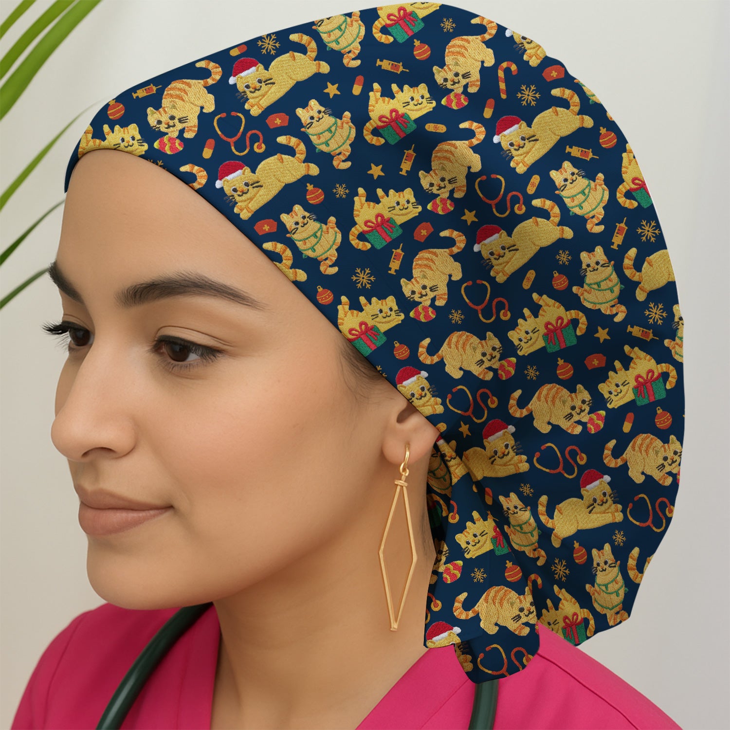 Christmas Cat Nurse Scrub Cap, Cute Holiday Kitty Medical Uniform For Nursing