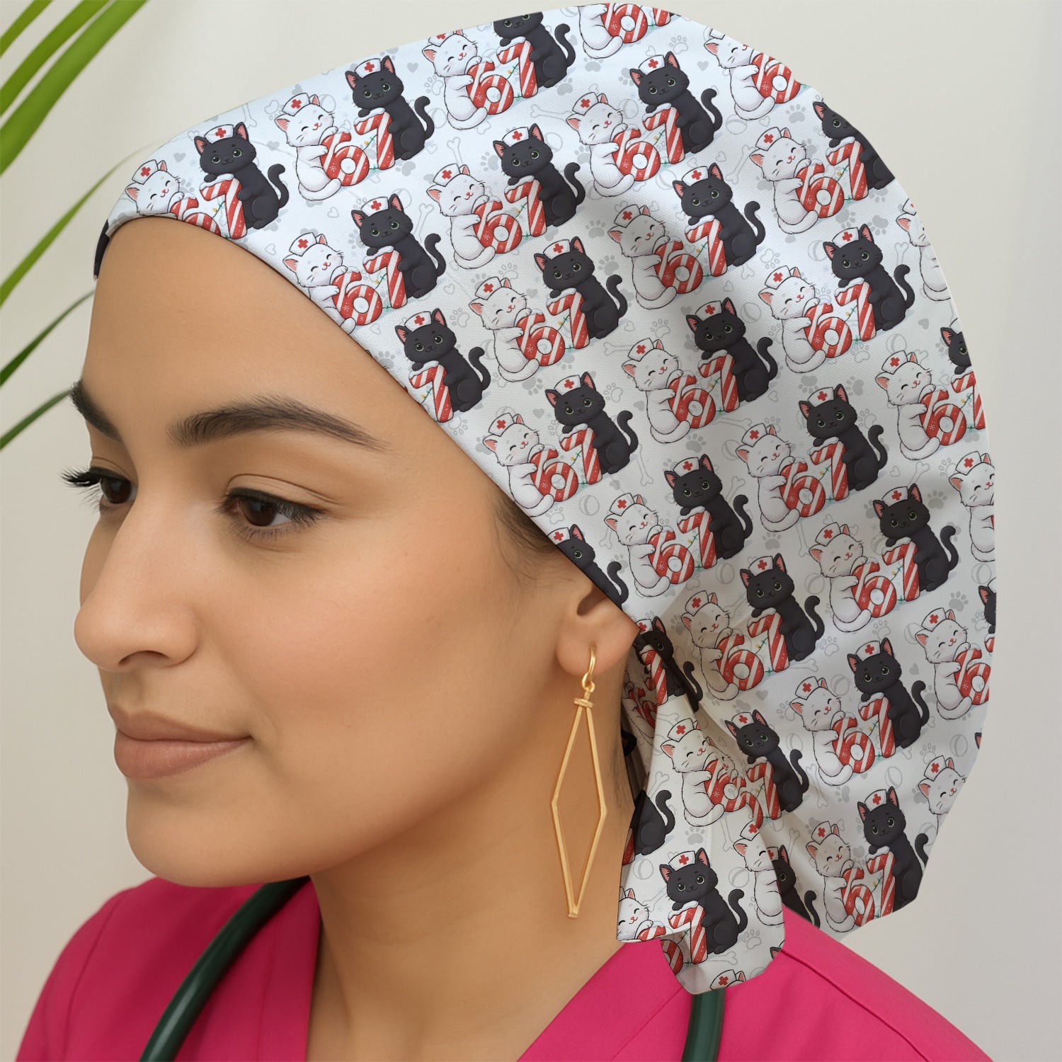 Xmas Cat Pattern Scrub Cap, Christmas Nurse Six Seven With Cat Scrub Hat, Breathable Fabrics Nursing Uniform