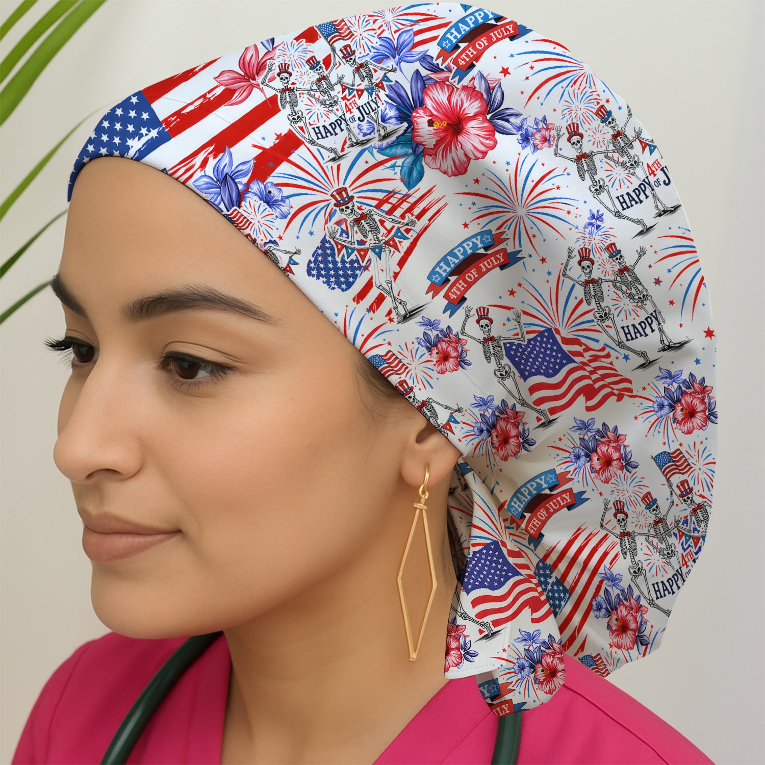 Funny 4th Of July Skeleton Nurse for RN & CNA, Patriotic Fireworks Medical Uniform Scrub Cap, Surgical Caps for Doctors