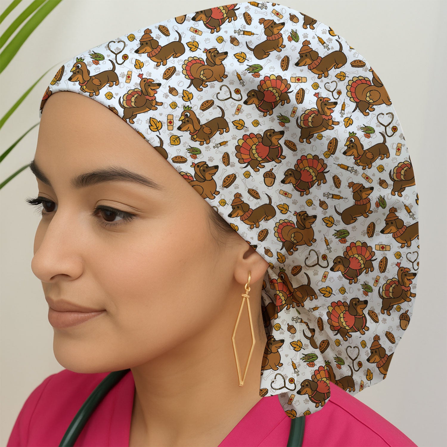 Thanksgiving Wiener Dog Bouffant Scrub Caps for Women - Funny Dachshund Turkey Holiday Nursing Gift - Breathable Fabrics Caps
