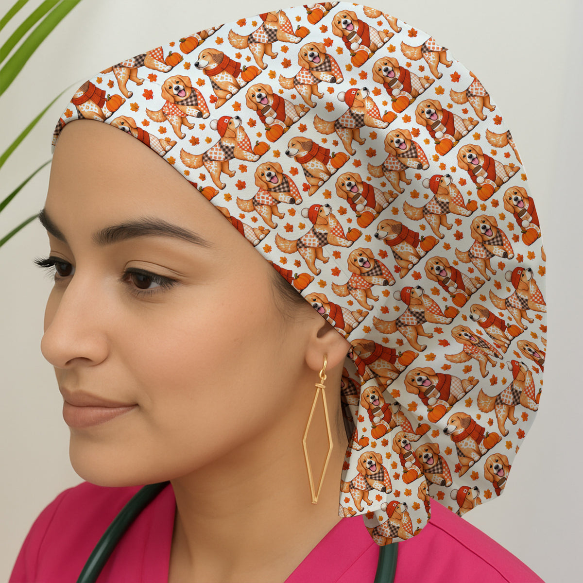 Fall Golden Retriever And Pumpkin Scrub Cap, Surgical Caps for Nurses