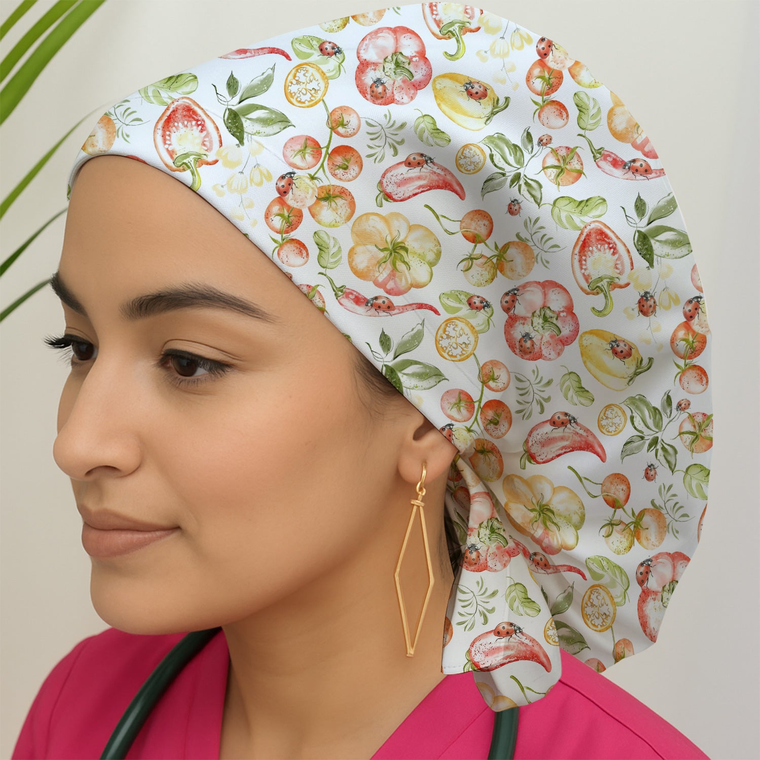Cute Watercolor Veggie Ladybug Pattern Scrub Cap, Surgical Caps for Doctors