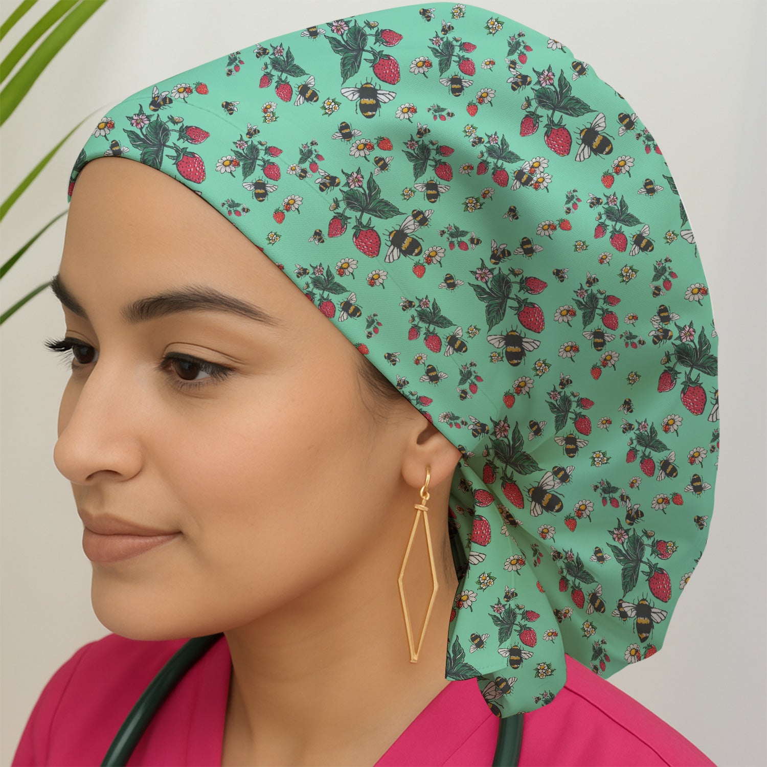 Cute Strawberry Bee Daisy Floral Pattern Scrub Cap, Bouffant Scrub Caps for Women