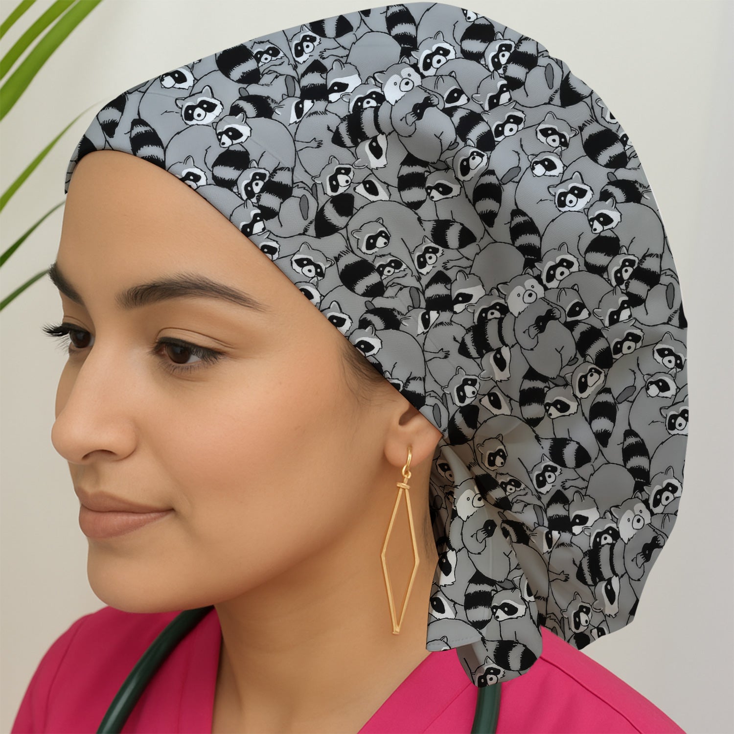 Cute Nurse Raccoon Crowd Pattern Scrub Cap, Surgical Caps for Doctors
