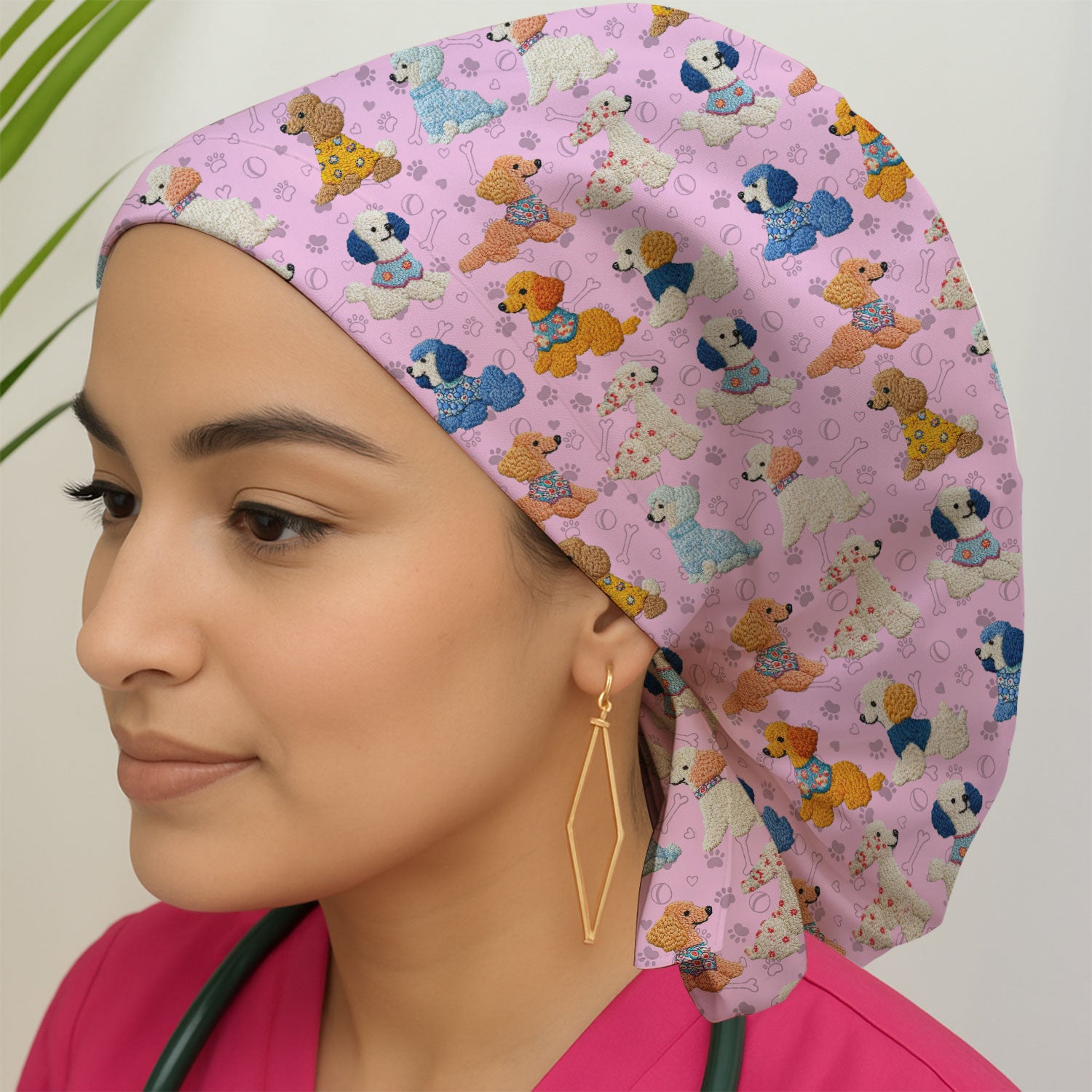 Cute Colorful Poodle Pattern Scrub Cap, Breathable Fabrics Caps Uniform