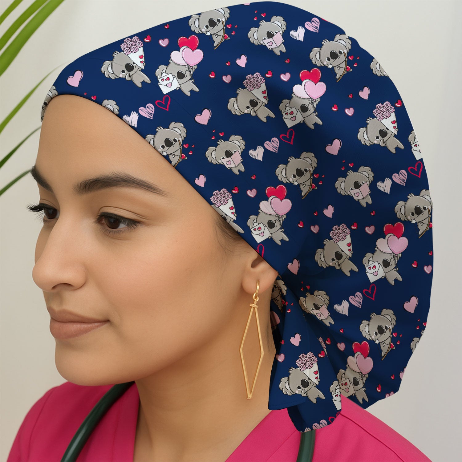 Valentine Koala Holding Flowers Cute Print Scrub Cap, Bouffant Caps for Women
