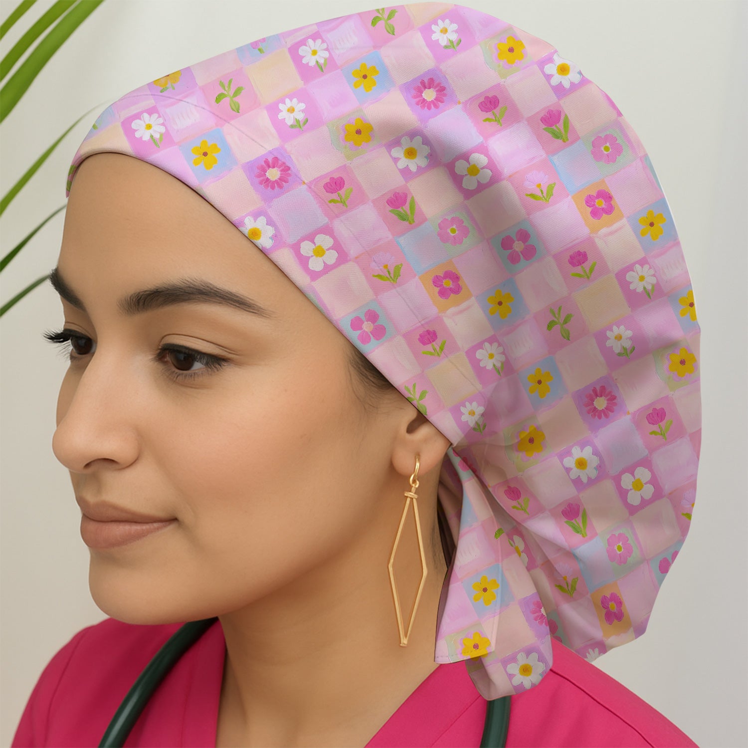 Colorful Mixed Flowers Pattern Caps, Bouffant Scrub Caps for Women