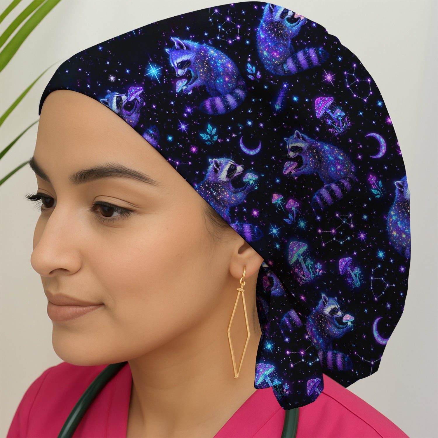 Galaxy Raccoon With Mushroom Night Scrub Cap, Surgical Caps for Doctors