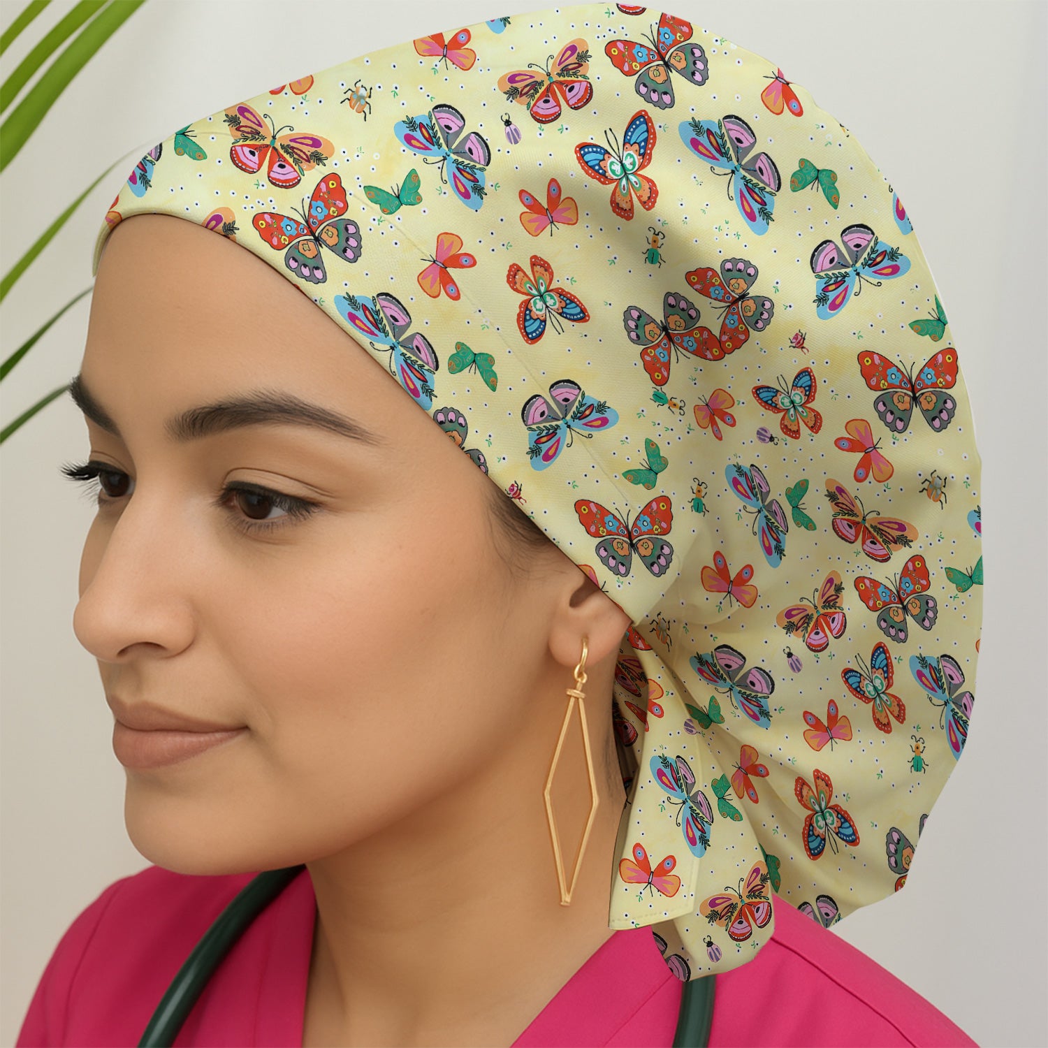 Colorful Butterfly Garden Pattern Cap, Bouffant Scrub Caps for Women