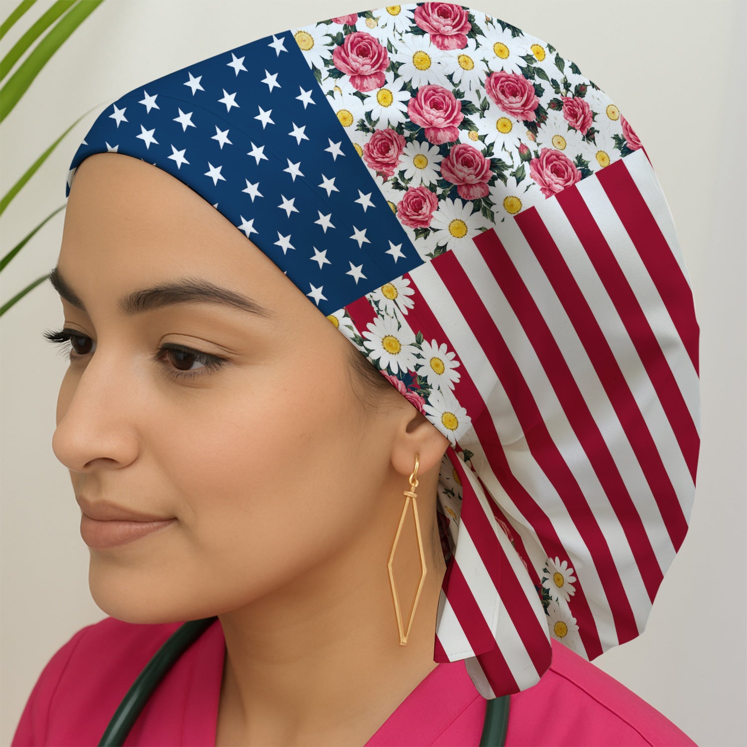 Floral American Flag Nurse Scrub Top for RN, CNA, Healthcare Workers, Patriotic Uniform Scrub Cap, Surgical Caps for Doctors