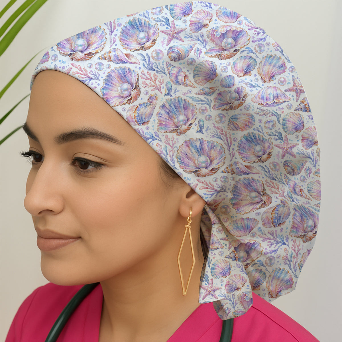 Pastel Seashell And Pearl Pattern Scrub Cap, Surgical Caps for Doctors