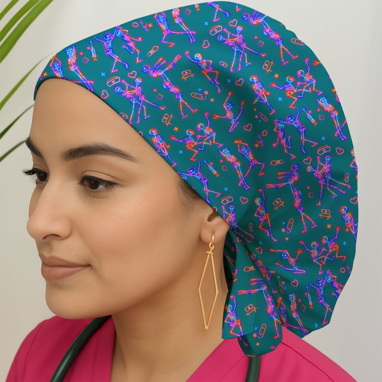 Neon Dancing Skeleton Medical Pattern Cap, Bouffant Scrub Caps for Women