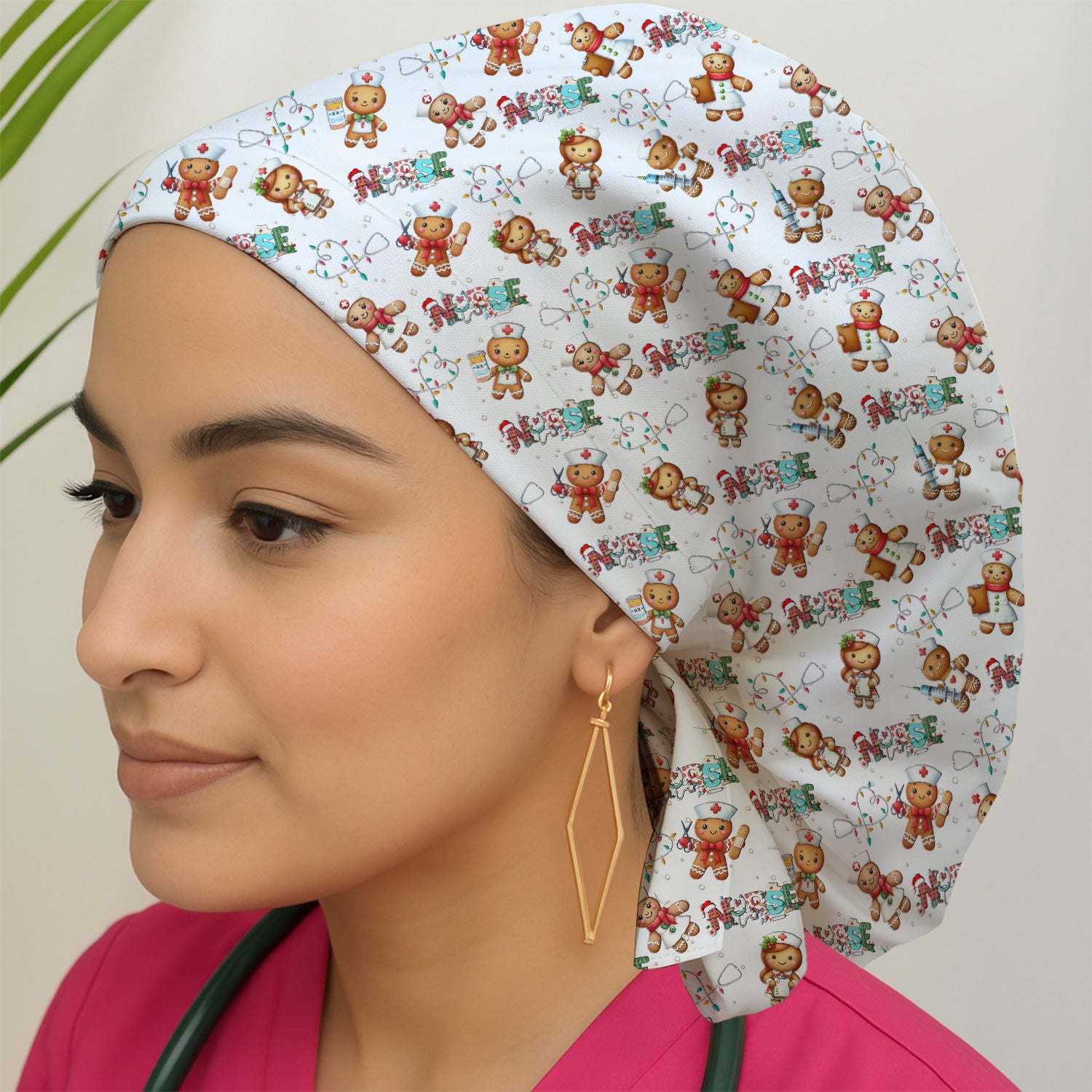 Nurse Scrub Cap with Buttons for Women - Christmas Surgical Hats Cute Gingerbread Design - Medical Bouffant Cap Long Hair