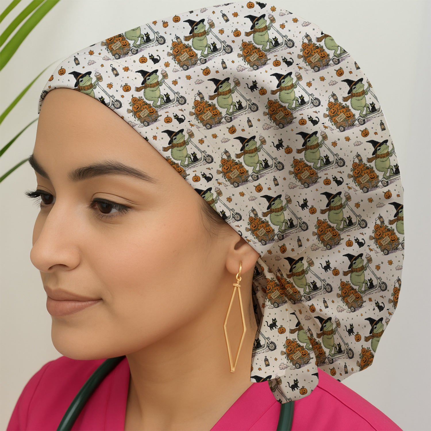 Cute Halloween Witch Frog And Pumpkins Scrub Cap, Surgical Caps for Doctors