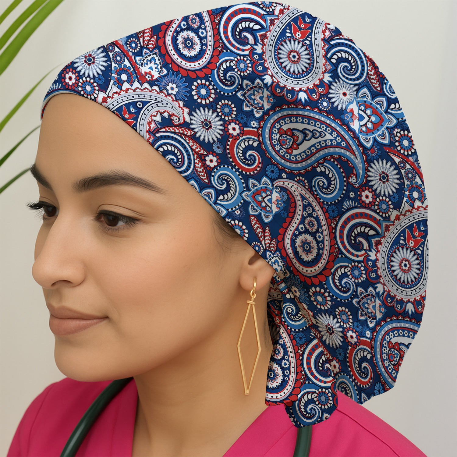 Patriotic Red White Blue Paisley Pattern Scrub Cap, Surgical Caps for Doctors