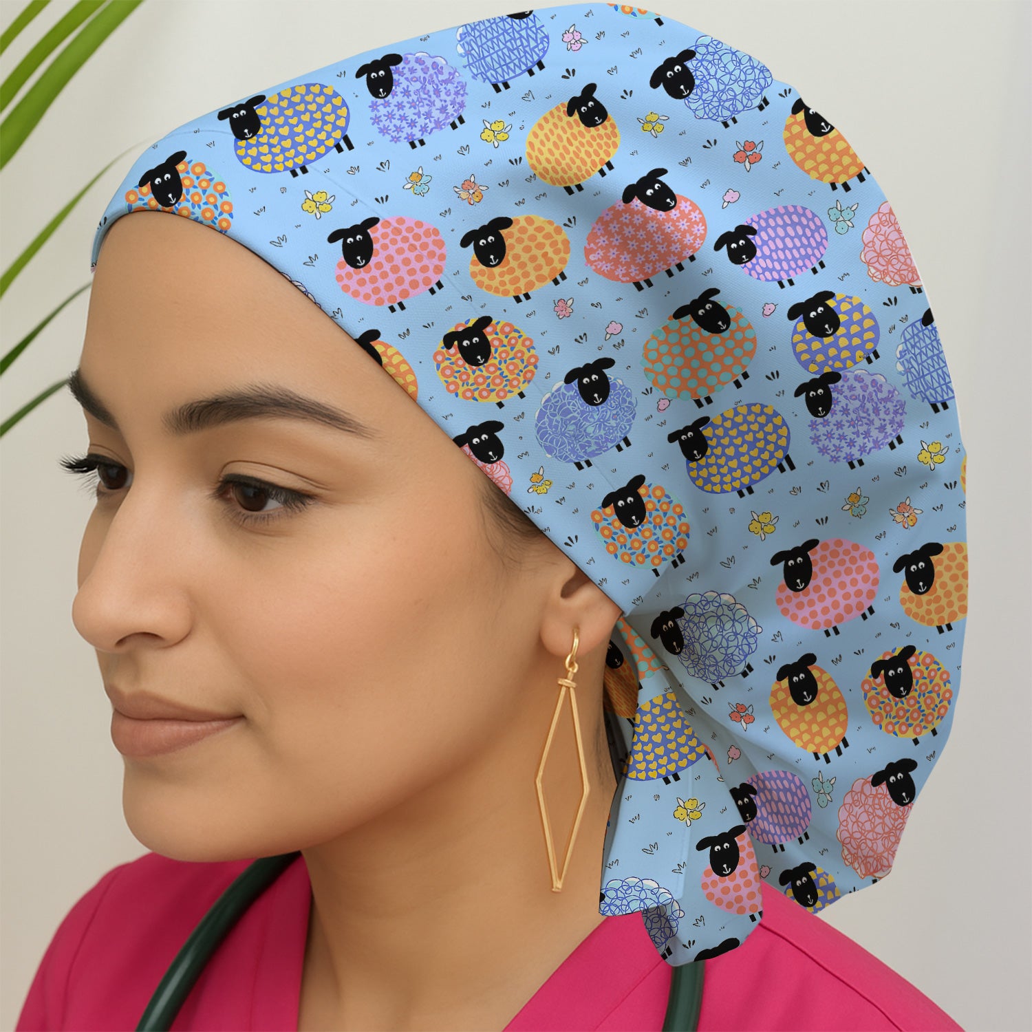 Funny Colorful Sheep Pattern Cap, Bouffant Scrub Caps for Women