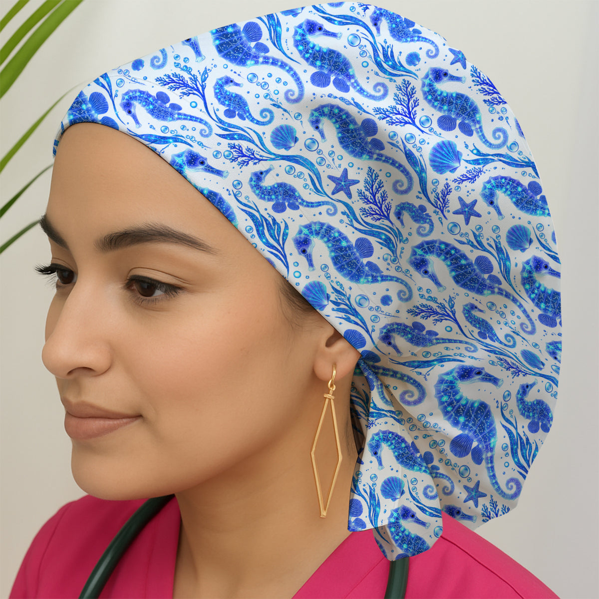 Blue Ocean Seahorse Pattern Scrub Cap, Surgical Caps for Doctors