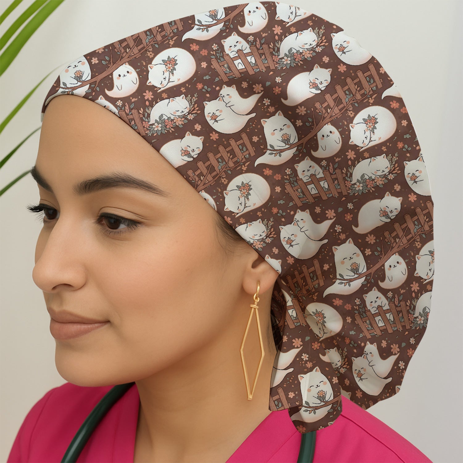 Floral Cat with Garden Fence Print Scrub Cap, Surgical Caps for Doctors