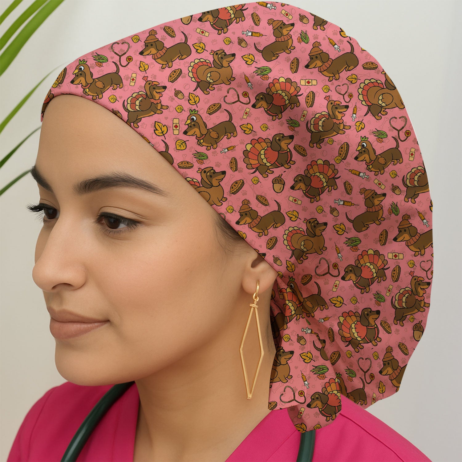 Thanksgiving Wiener Dog Bouffant Scrub Caps for Women - Funny Dachshund Turkey Holiday Nursing Gift - Breathable Fabrics Caps