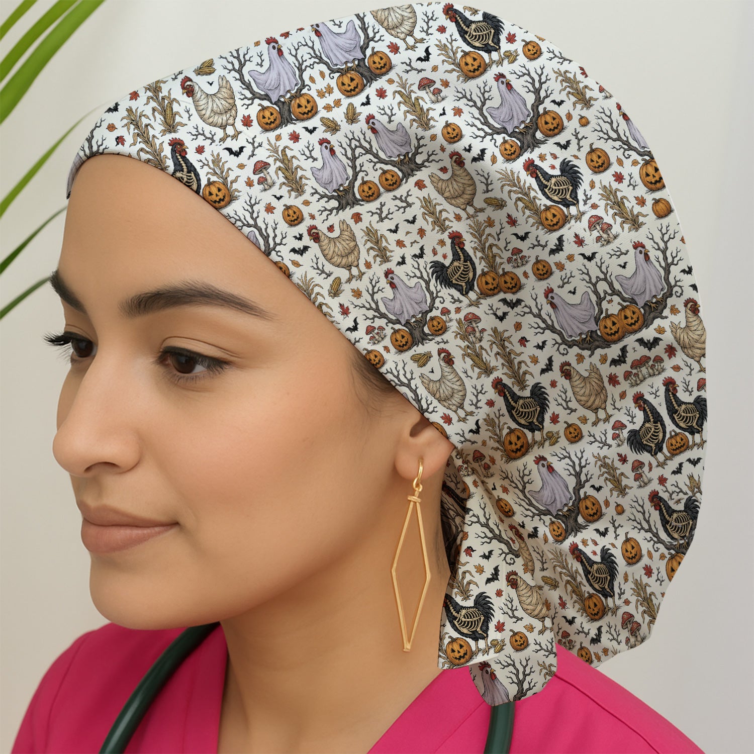 Halloween Skeleton Chickens Pattern Scrub Cap, Surgical Caps for Doctors