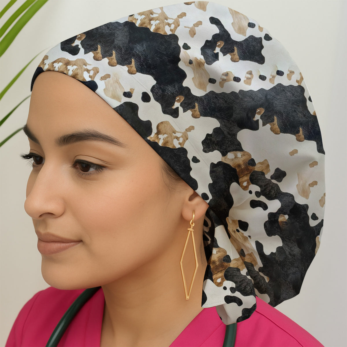 Classic Cow Print Pattern Scrub Cap, Breathable Fabrics Caps Uniform