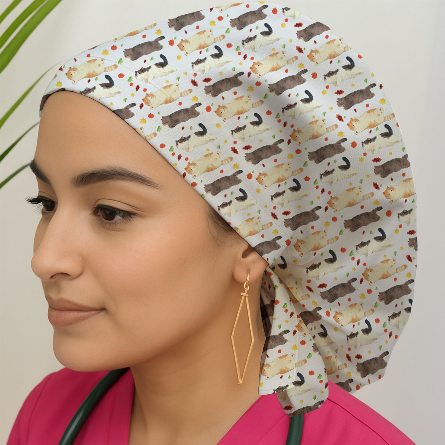 Chubby Cat Autumn Leaves Print Surgical Cap, Breathable Fabrics Caps Uniform