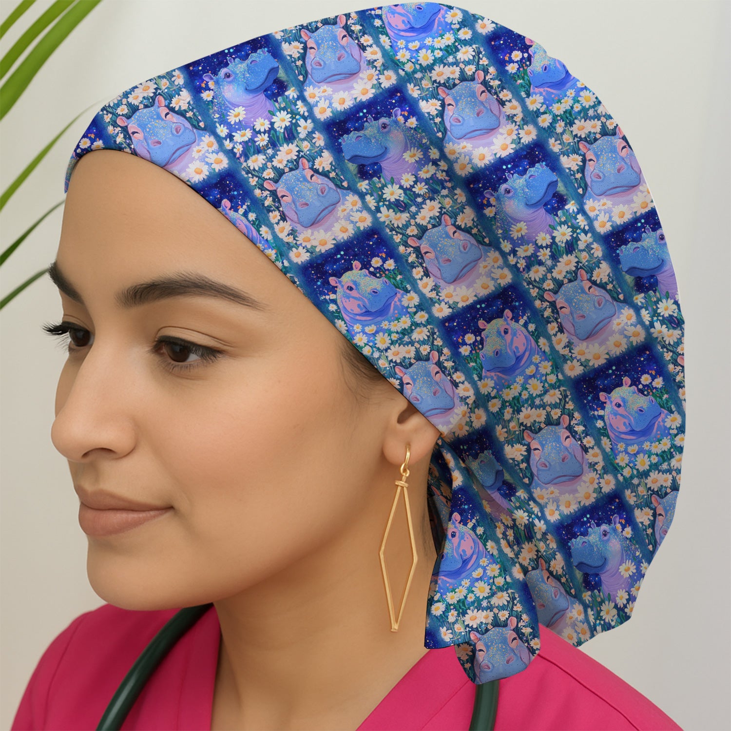 Cute Hippo Daisy Floral Patchwork Scrub Cap, Surgical Caps for Doctors