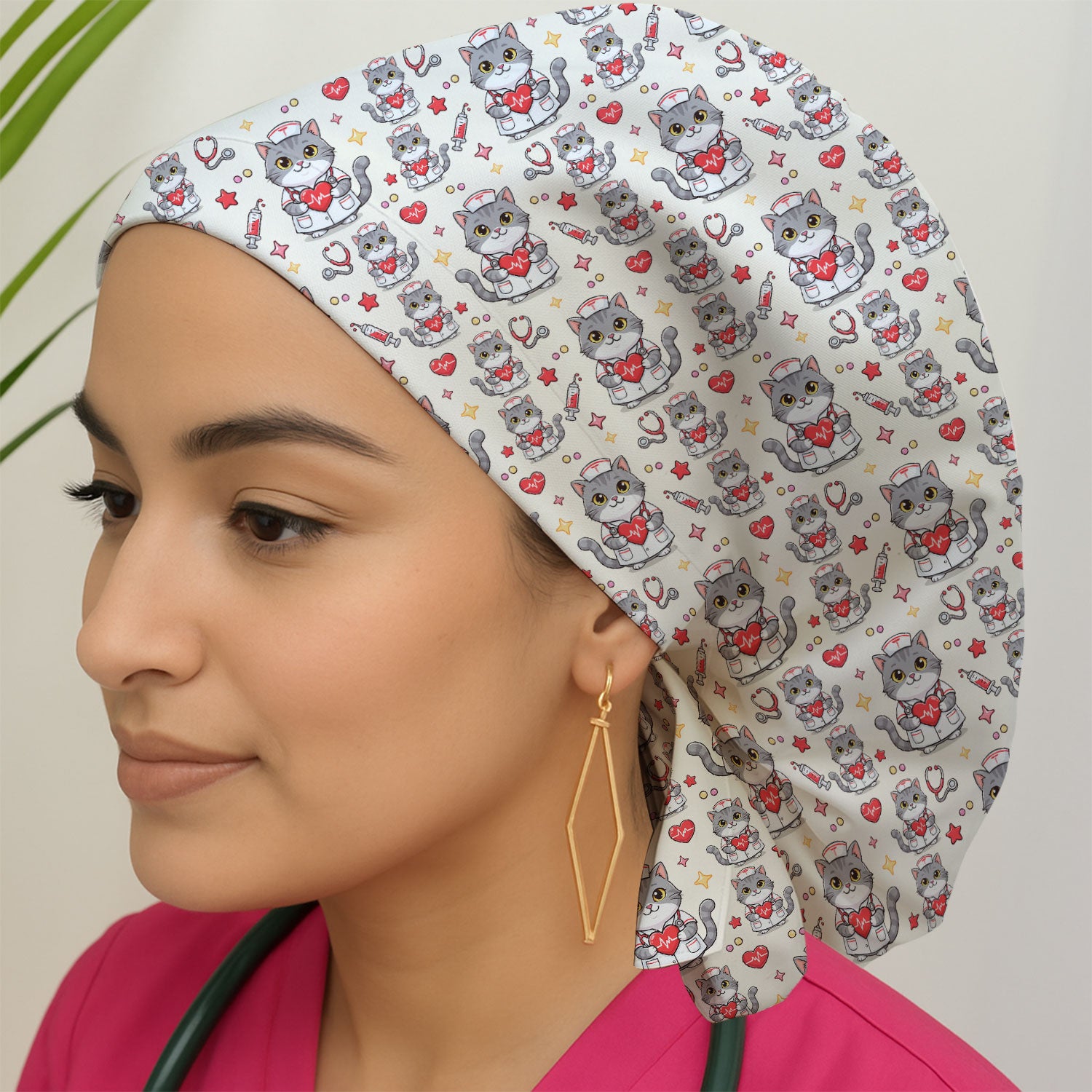 Cute Nurse Cat Heart Medical Print Cap,  Bouffant Scrub Caps for Women