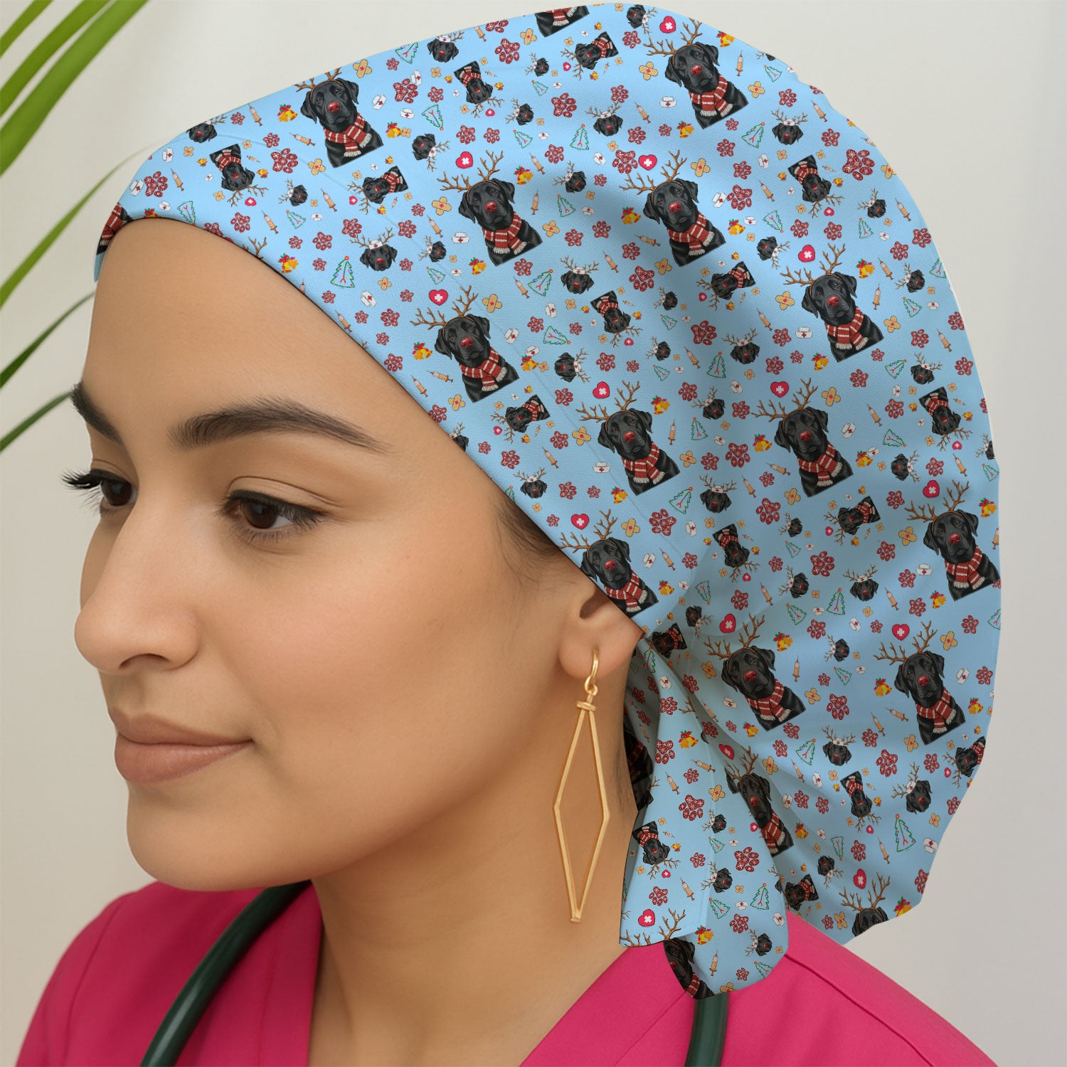 Funny Black Lab Reindeer Bouffant Scrub Caps for Women - Christmas Dog Lover Caps for Her